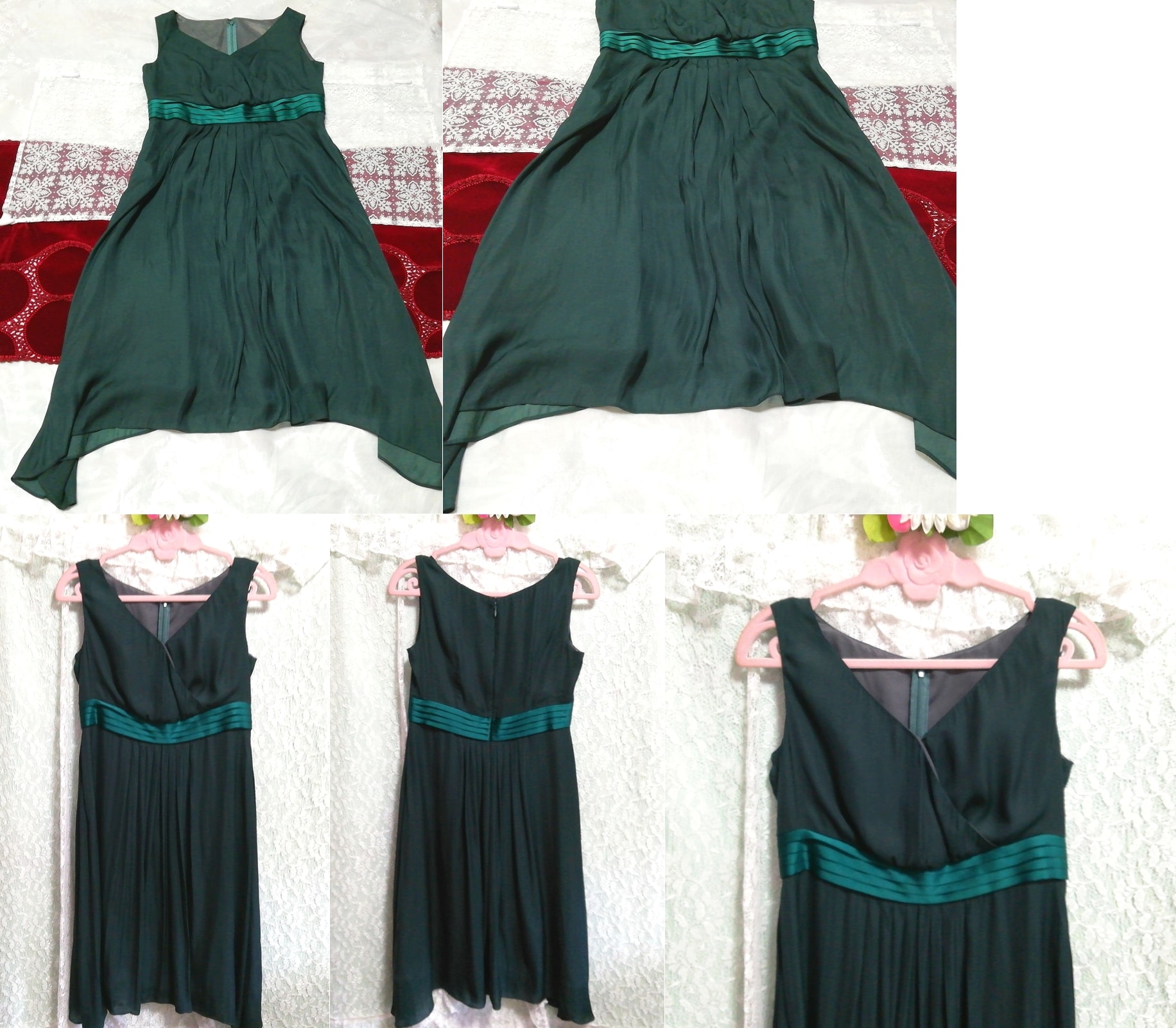 Vestido sin mangas de gasa verde oscuro satinado obi negligee camisón, moda, moda para damas, ropa de dormir, pijama