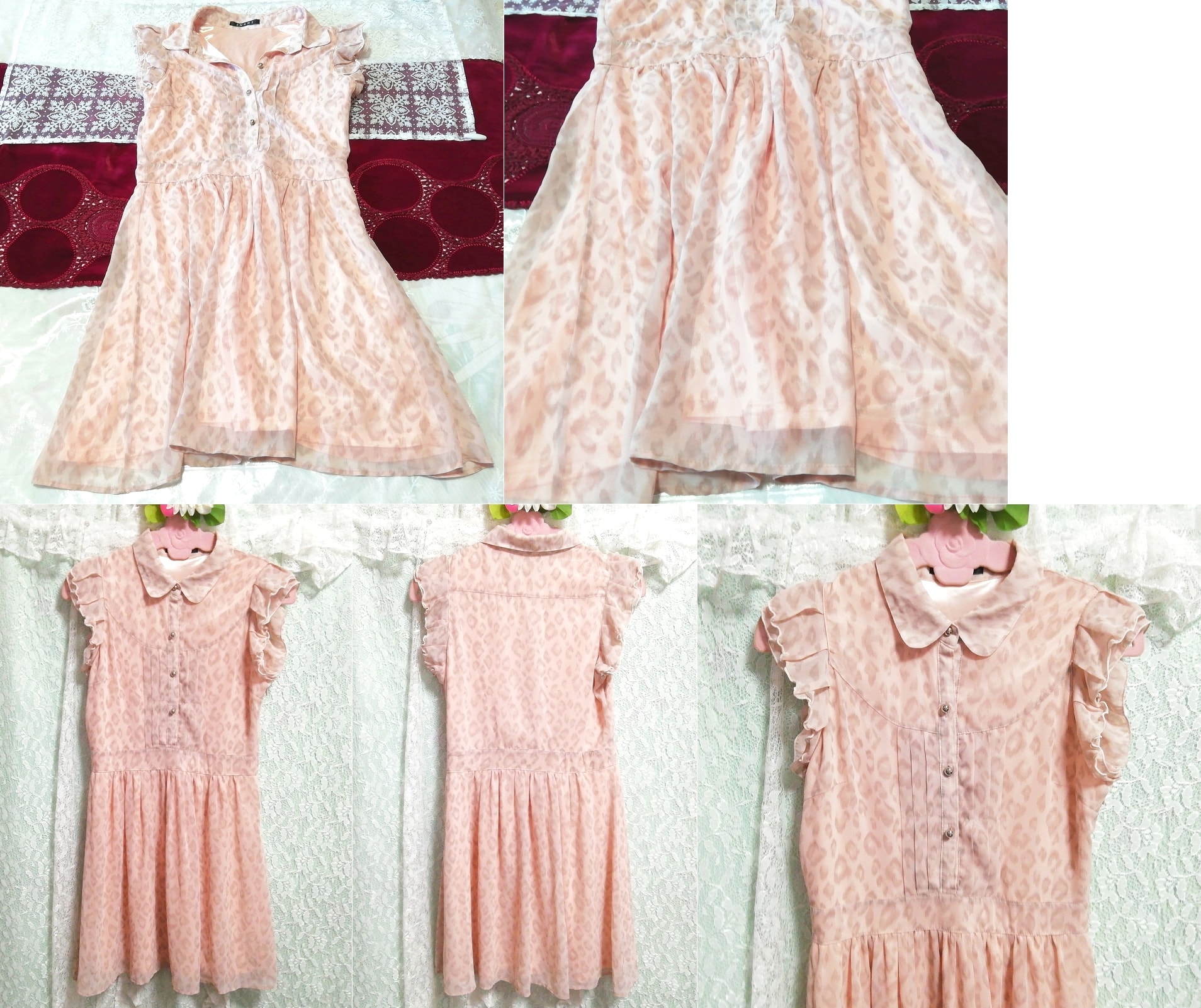 Pink leopard print chiffon sleeveless shirt tunic negligee nightgown dress, tunic, sleeveless, sleeveless, m size