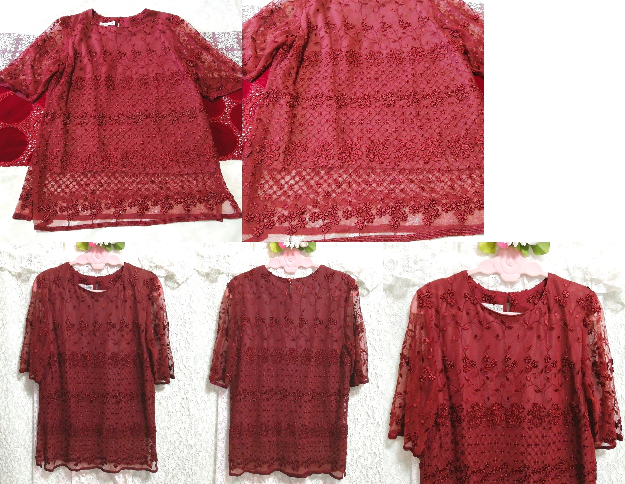 Red wine red floral lace short sleeve tunic negligee nightgown nightwear dress, tunic, long sleeve, m size