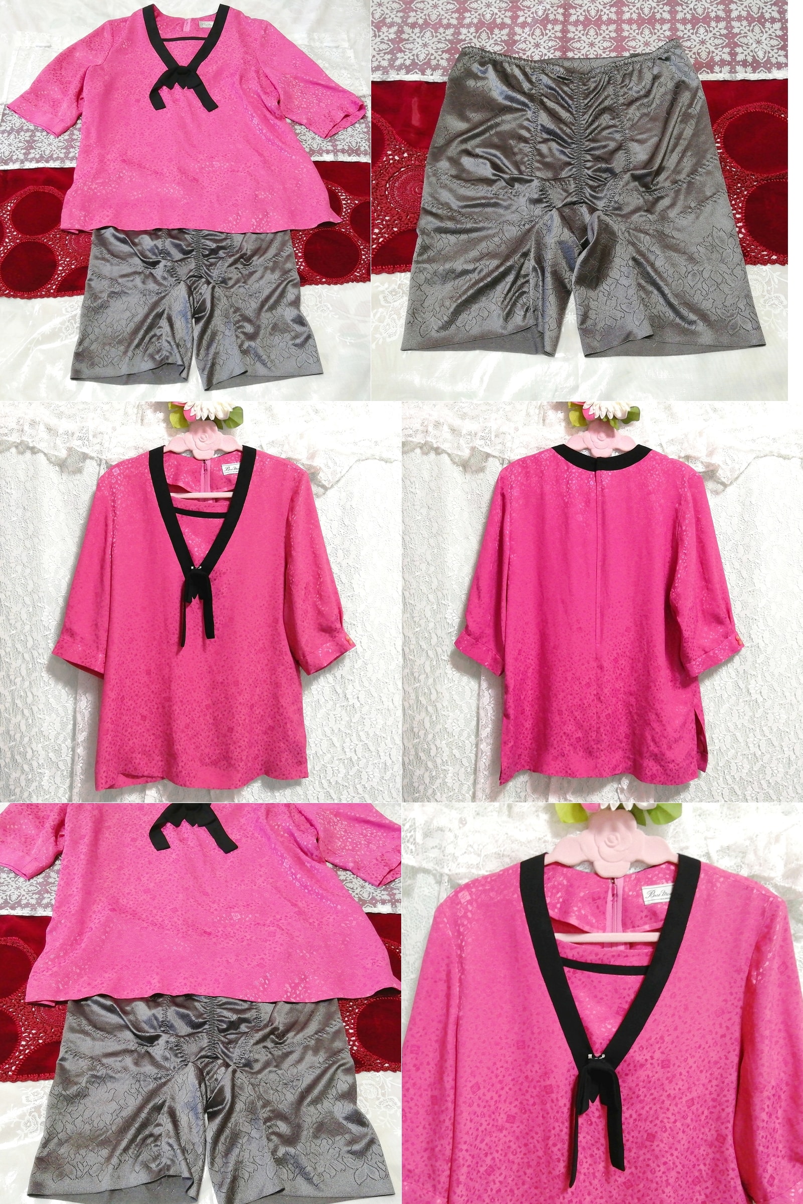 Camisón negligee túnica de manga corta de gasa con cinta negra rosa, pantalones grises satinados 2P, moda, moda para damas, ropa de dormir, pijama