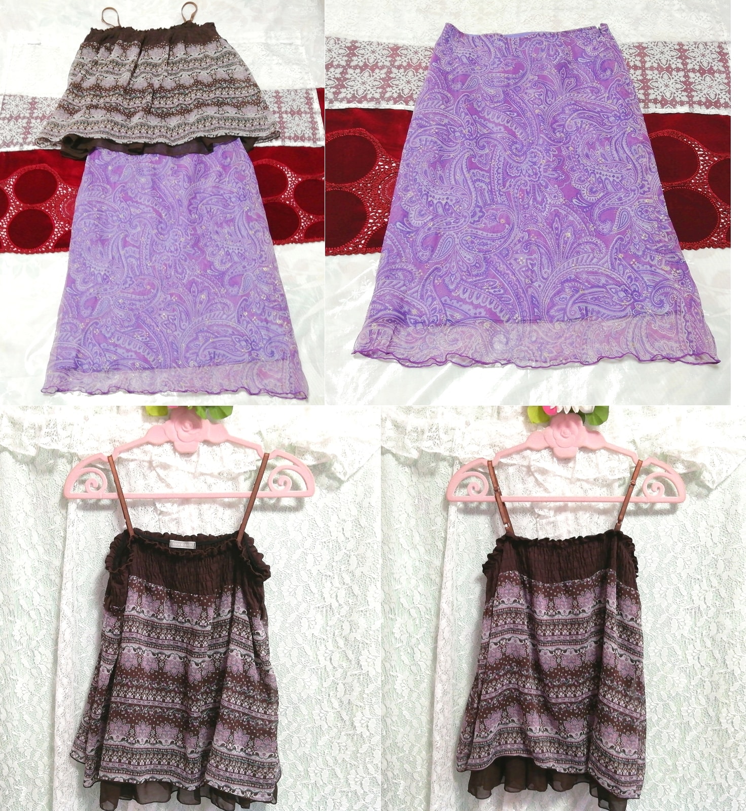 茶エスニック柄シフォンキャミソール ネグリジェ 紫スカート 2P Brown ethnic pattern chiffon camisole negligee purple skirt, ファッション, レディースファッション, ナイトウエア、パジャマ