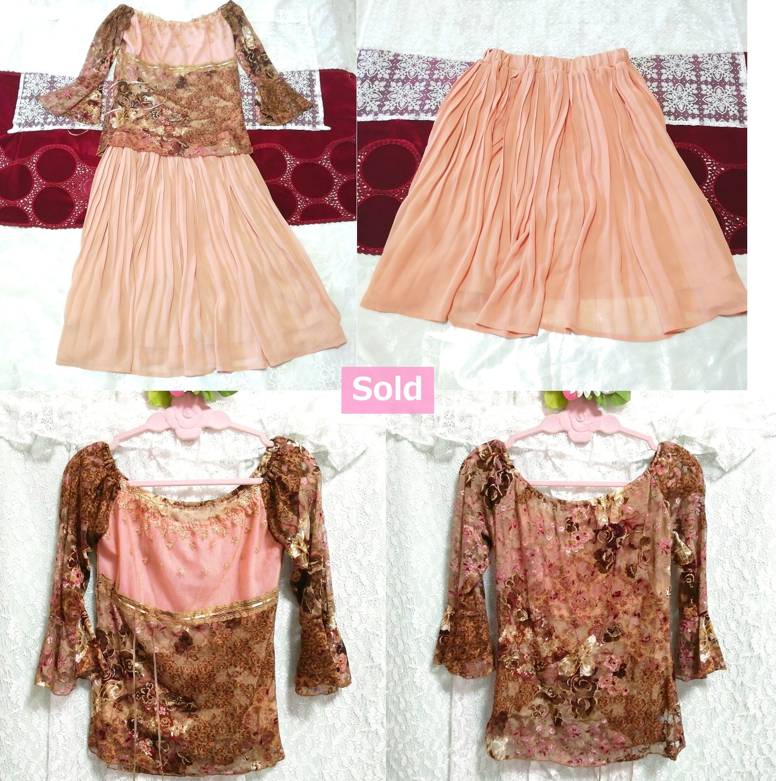 Brown pink flower lace tunic negligee nightgown pink pleated chiffon skirt 2P, fashion, ladies' fashion, nightwear, pajamas