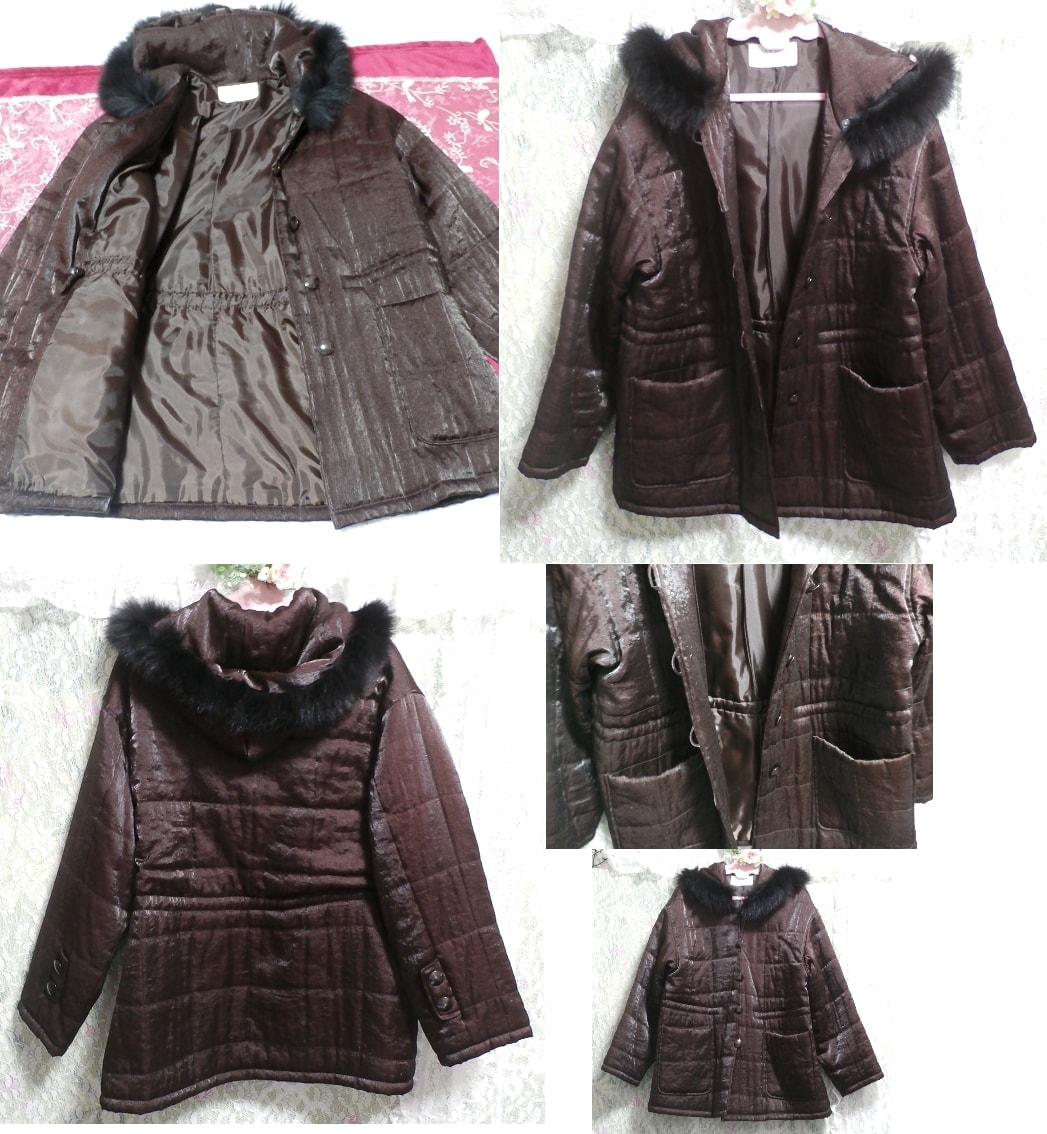 A dark brown hooded shiny fluffy coat, coat, coat in general, m size
