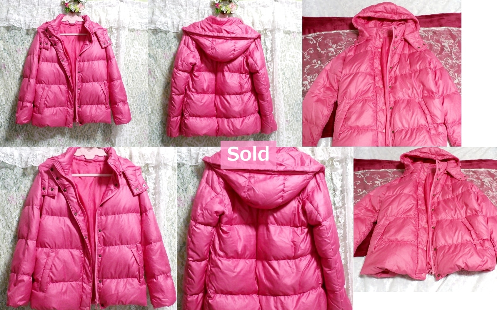 蛍光ピンクのフード付きダウンコート/アウター Fluorescent pink hooded down coat/outer