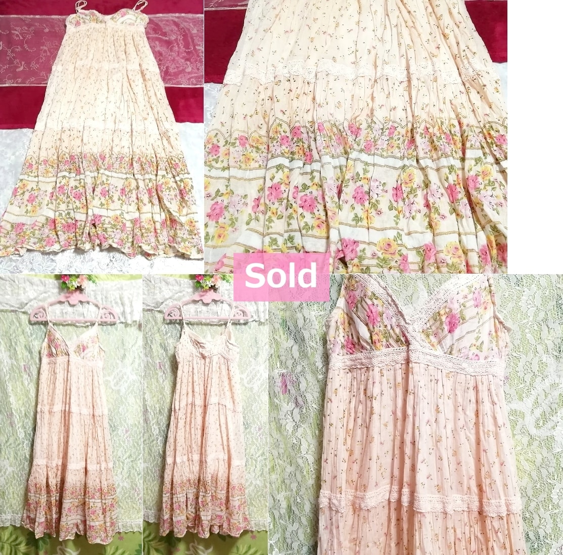 ピンク花柄綿コットン100%キャミソールロングスカートワンピースネグリジェ Pink flower pattern cotton camisole skirt dress/negligee