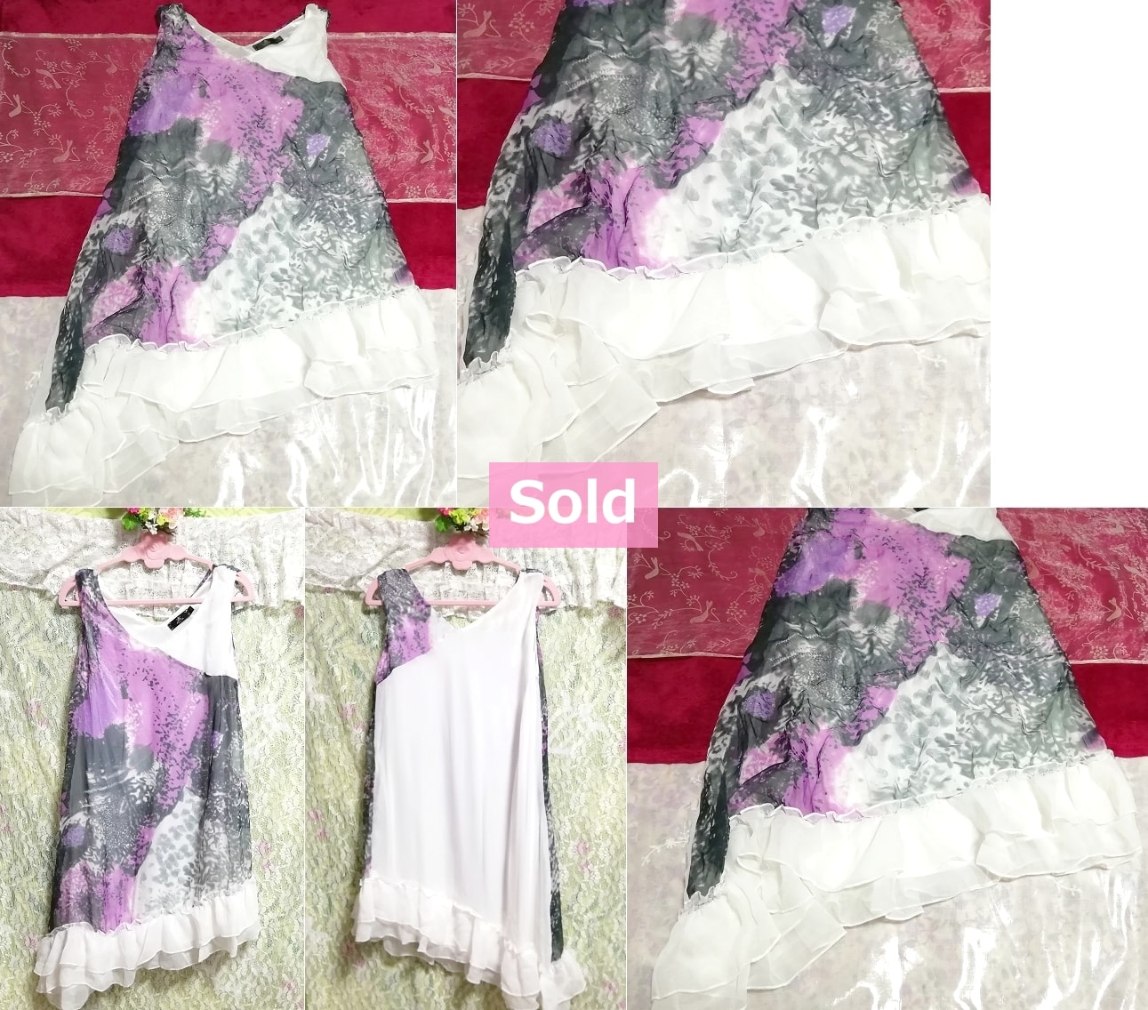 白紫灰シフォン花柄アート柄フリル/チュニック/トップス White purple ash chiffon floral pattern art print frill/tunic/tops