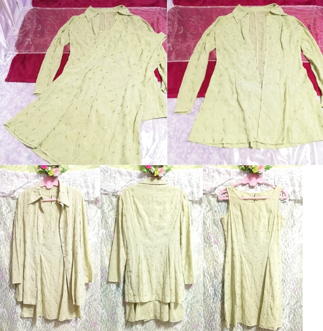 Gelbgrünes, ärmelloses Haori-Cardigan-Kleid aus Chiffon, 2-teilig, Knielanger Rock, Größe m