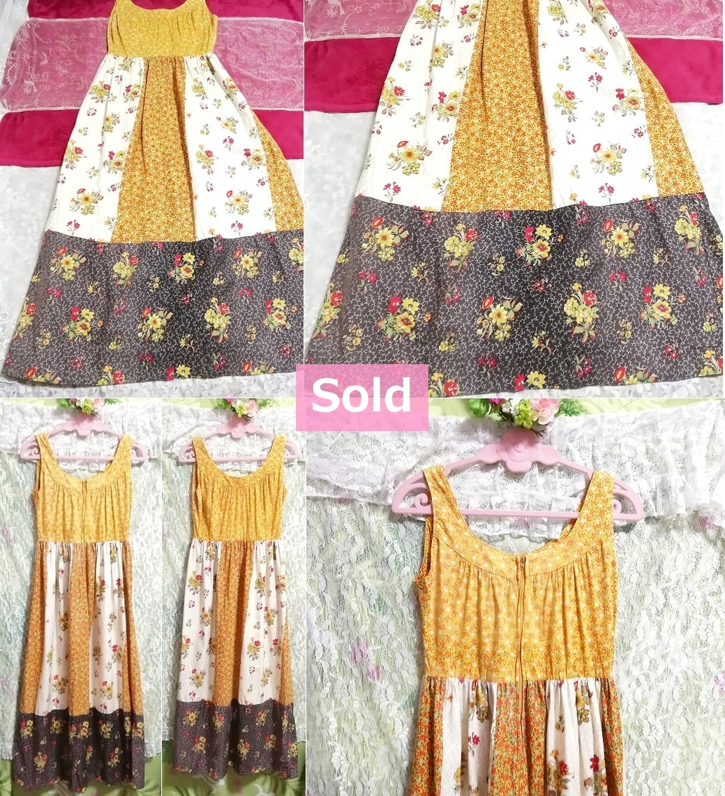 Yellow ethnic pattern sleeveless maxi onepiece dress, dress & long skirt & M size