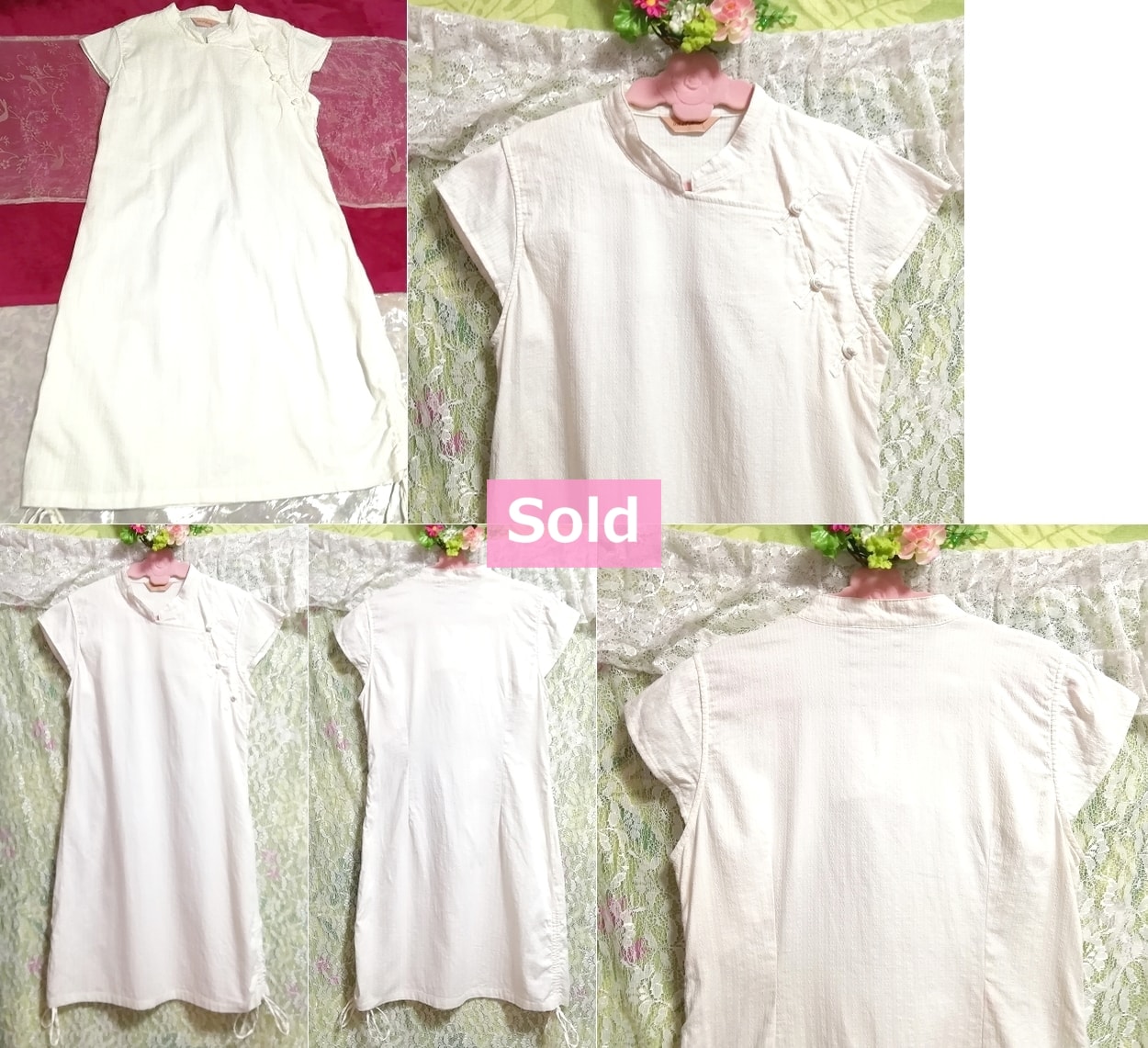 インドネシア製白チャイナドレス風コットン100%チュニックワンピース Indonesian white cheongsam-style cotton 100% tunic onepiece