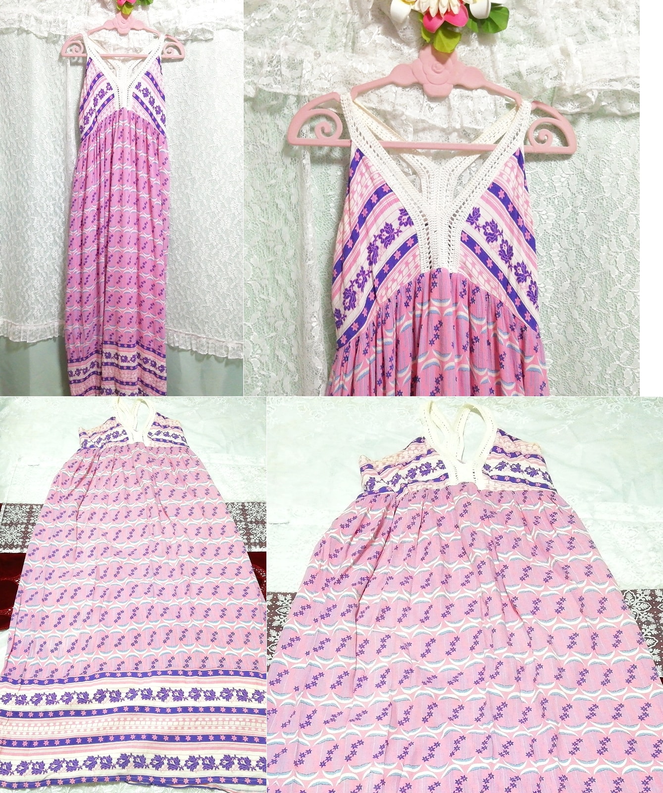 문 플로럴 프린트 핑크 네글리제 나이트가운 민소매 롱 스커트 맥시 드레스, 롱 스커트, l 사이즈
