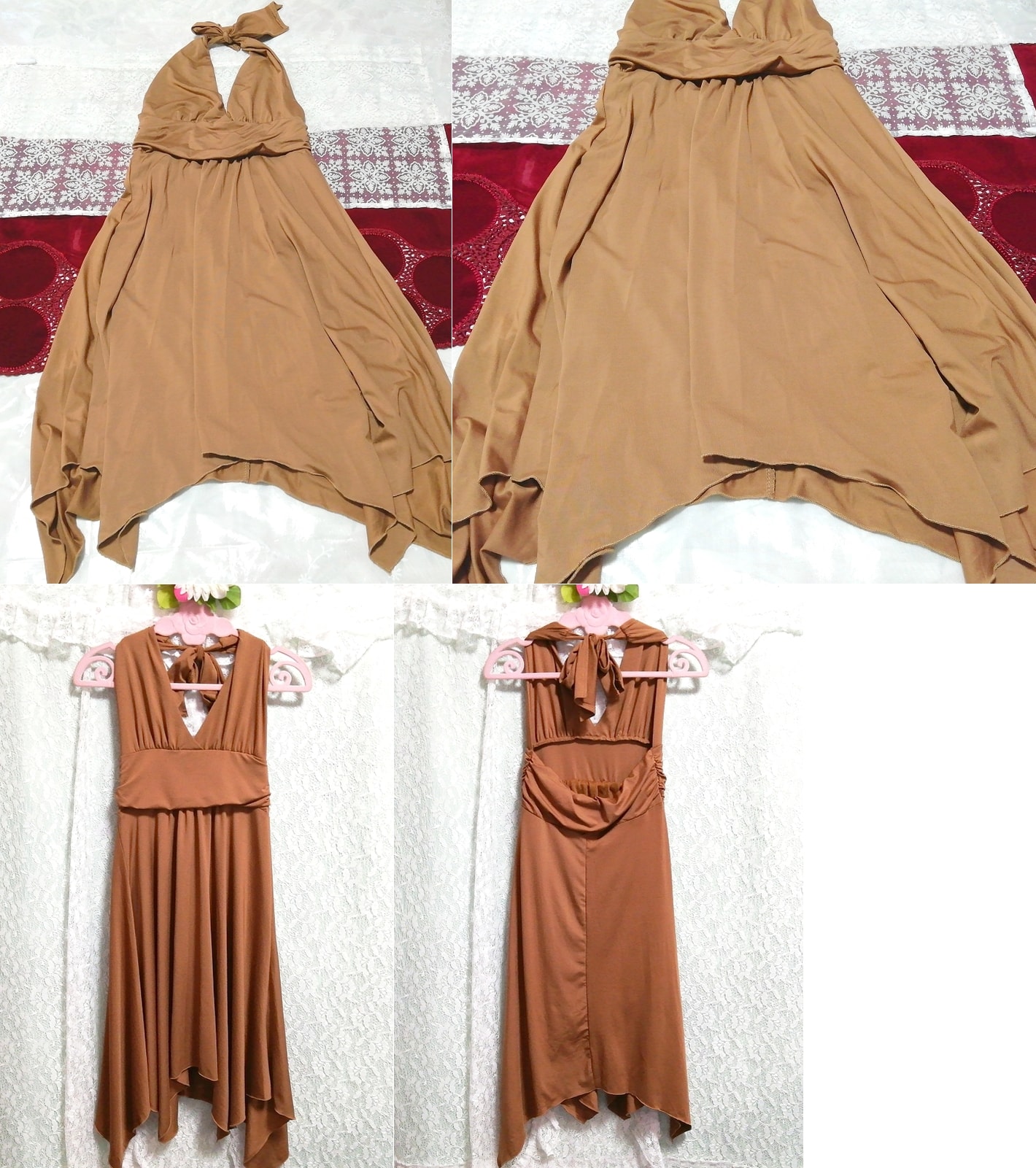 Plain brown backless sleeveless negligee nightgown nightwear half dress, knee length skirt, m size