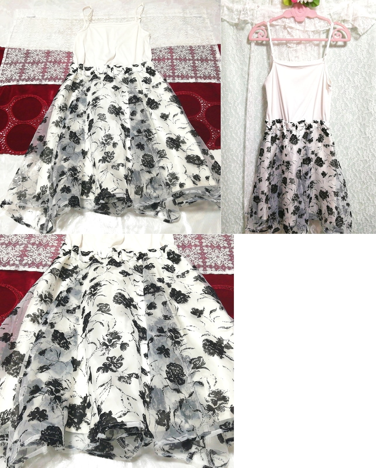 weißes Oberteil, Schwarz-weißer Rock mit Blumenmuster, Negligé-Nachthemd, Leibchen, Babydoll-Kleid, Mode, Frauenmode, Leibchen