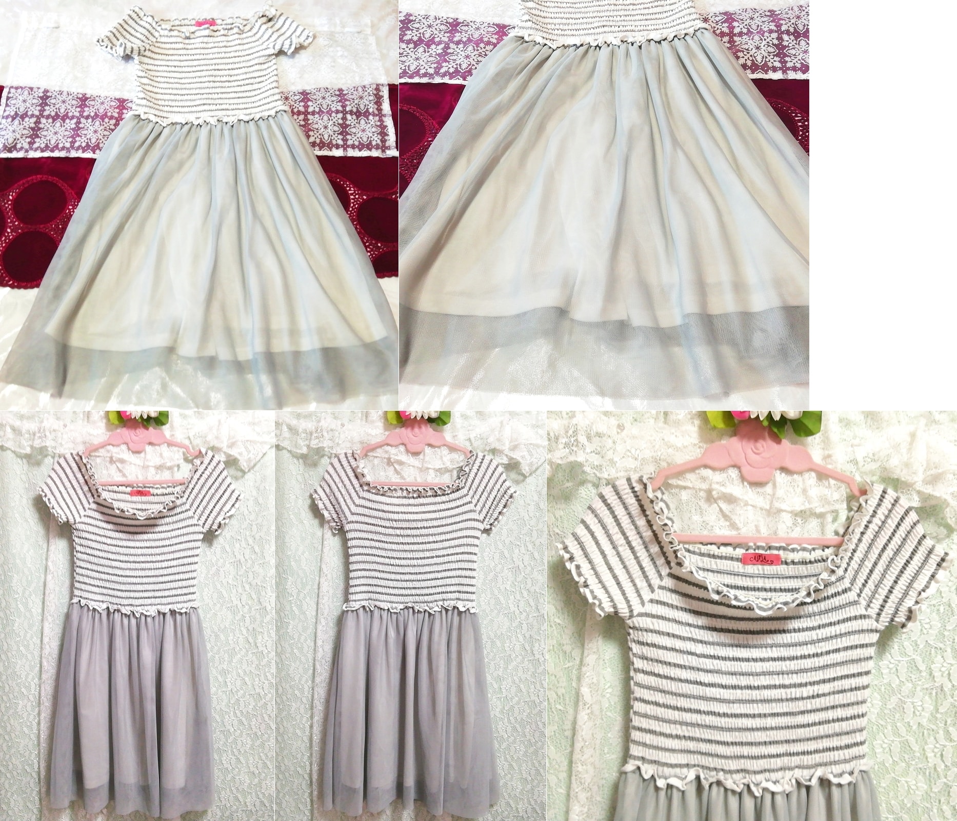 Бело-серая полосатая тюлевая юбка с короткими рукавами и рюшами, туника-неглиже, ночная рубашка, туника, короткий рукав, размер м