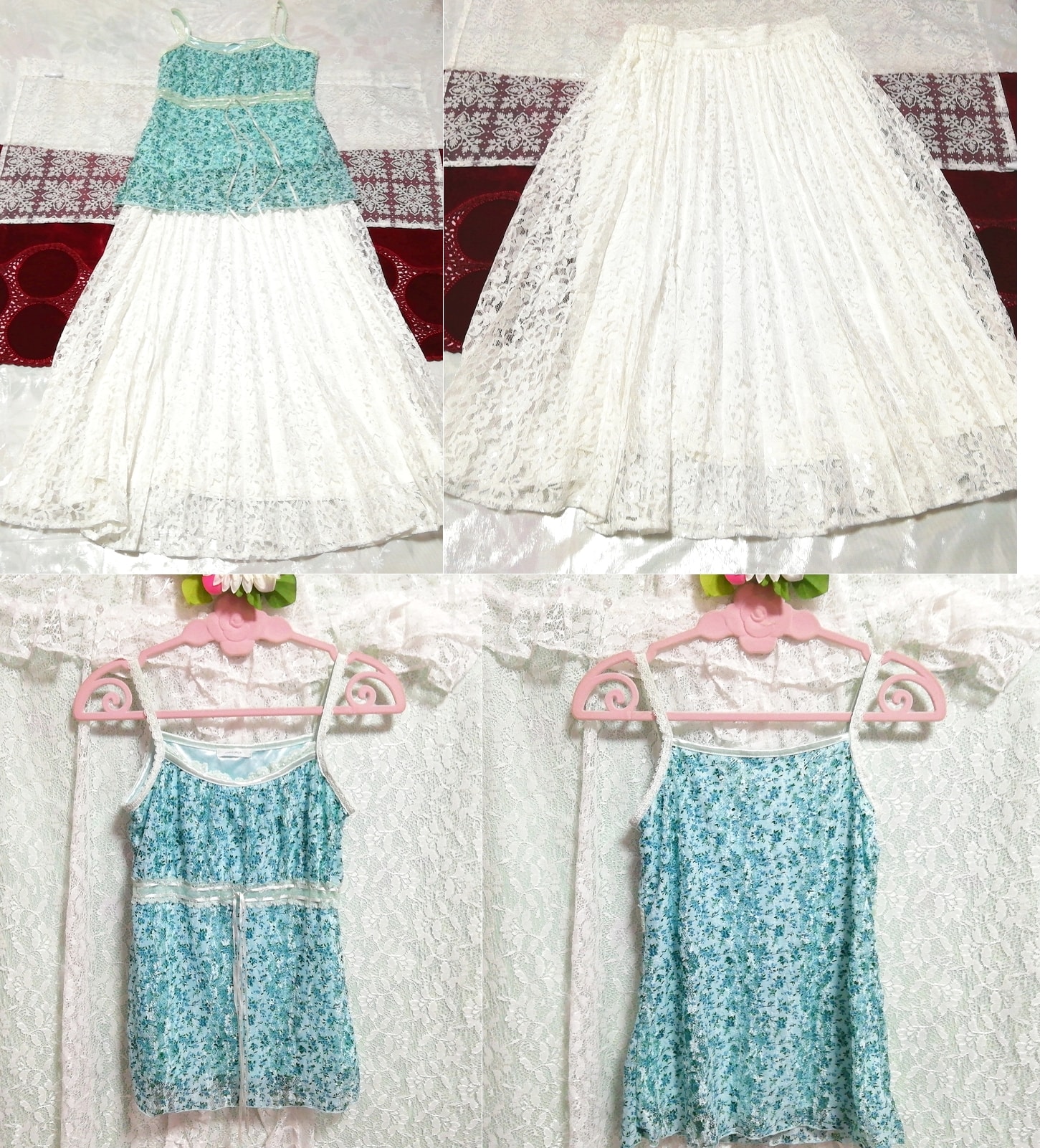 컬러 그린 꽃무늬 프릴 레이스 캐미솔 네글리제 나이트가운 화이트 레이스 롱스커트 2P, 패션, 숙녀 패션, 잠옷, 잠옷