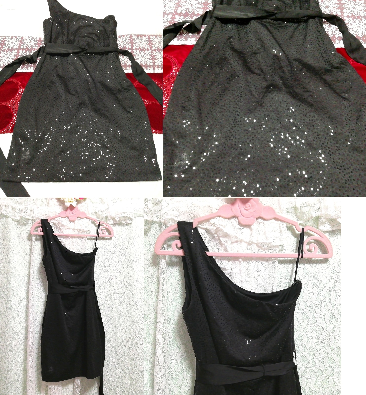블랙 라메 네글리제 나이트가운 민소매 타이트 드레스, 무릎길이 스커트, m 사이즈