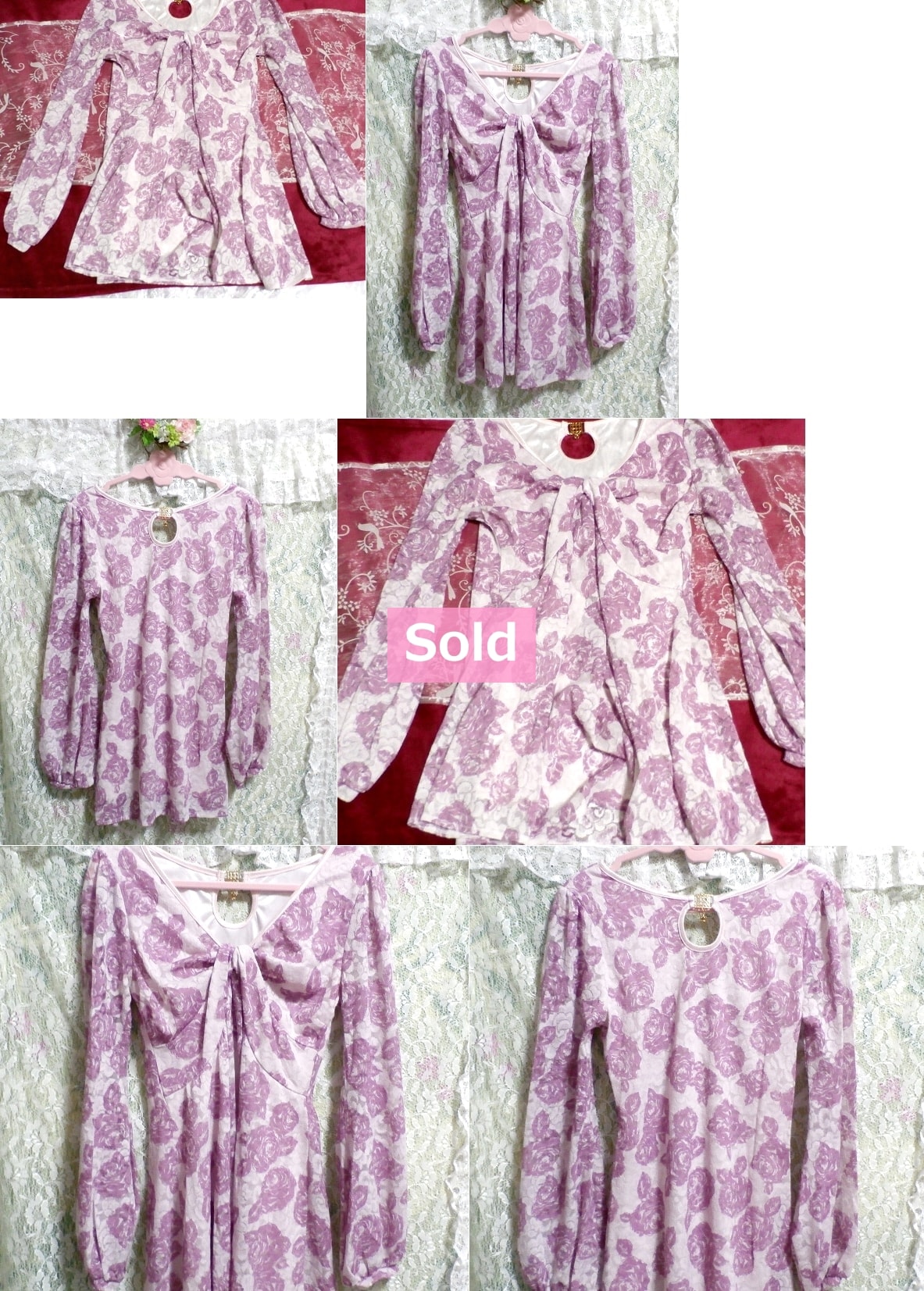 CECIL McBEE セシルマクビー 紫と白バラ花柄長袖チュニック/トップス Purple white rose floral pattern long sleeve tunic/tops