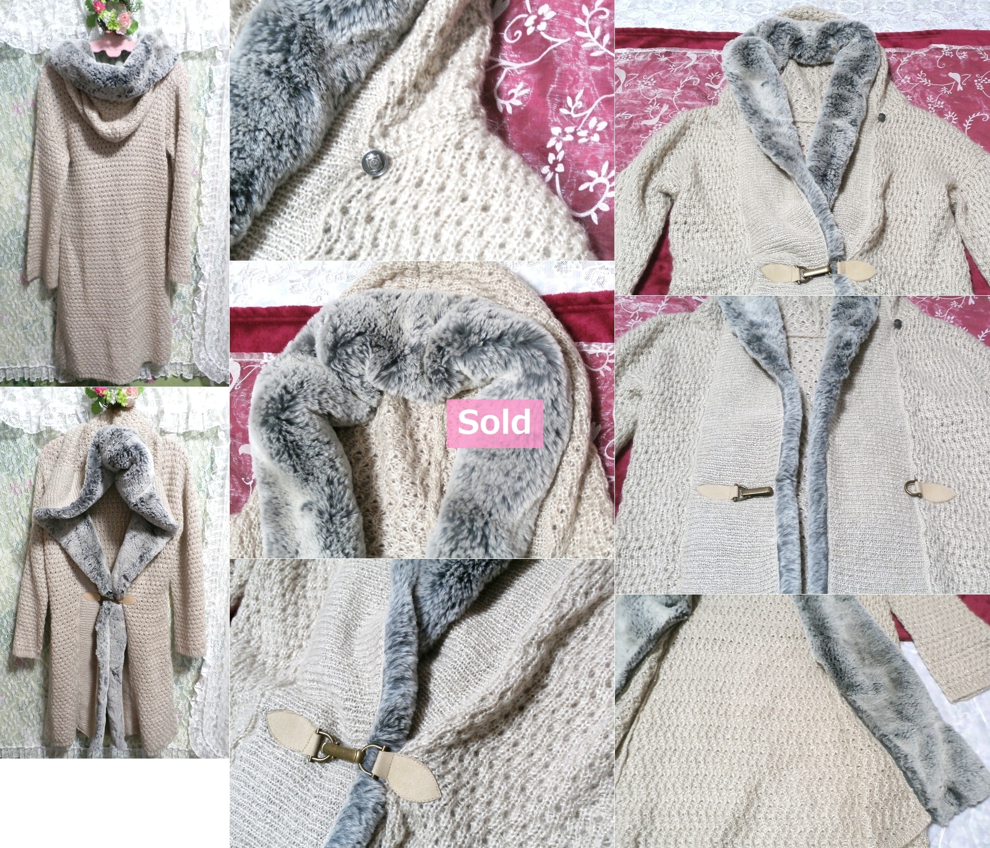 美しいあったかサラサラグレーファーと亜麻色フード編み状ロングカーディガンコート/羽織 Knit long cardigan coat hood smooth gray fur