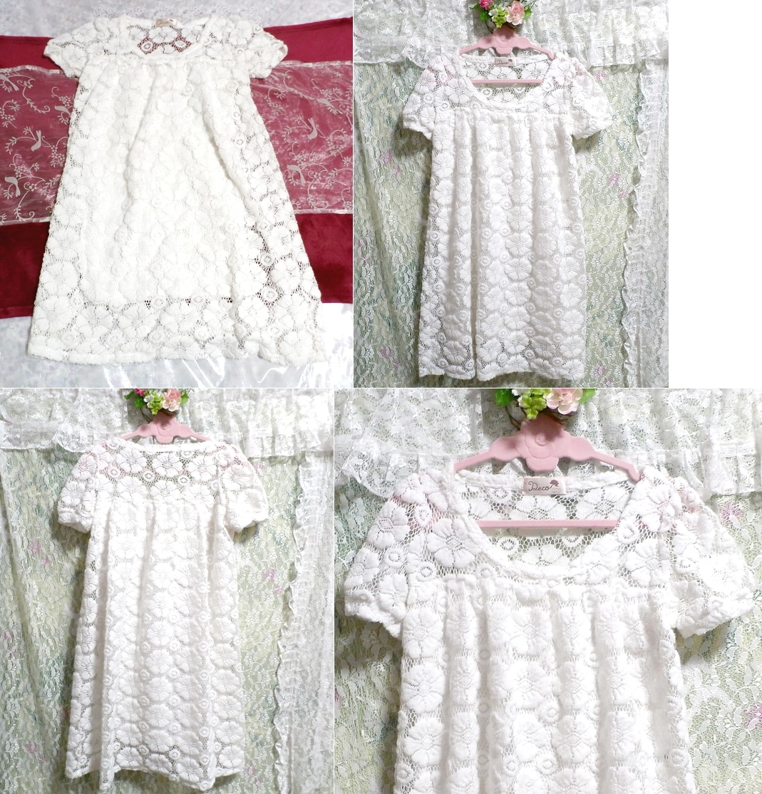純白ホワイト花柄レースニットネグリジェチュニックワンピース Pure white knit floral pattern lace negligee tunic dress, チュニック, 半袖, Mサイズ