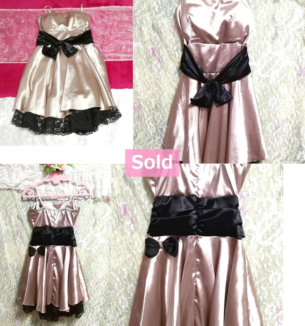 ピンクシャンパン色光沢黒レース黒リボンワンピースドレス Pink champagne color glossy black lace ribbon onepiece dress