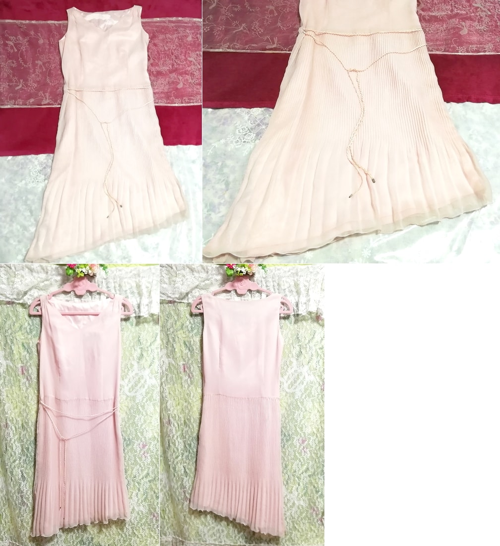 فستان نوم من الشيفون الوردي بدون أكمام مع تنورة نوم, تنورة قصيرة, حجم م