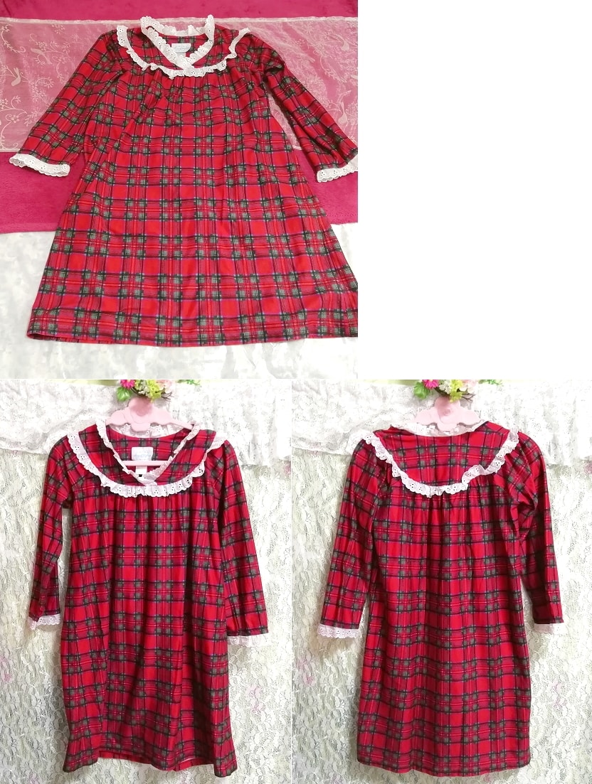 Red plaid long sleeve white lace negligee nightgown tunic dress, tunic, long sleeve, s size