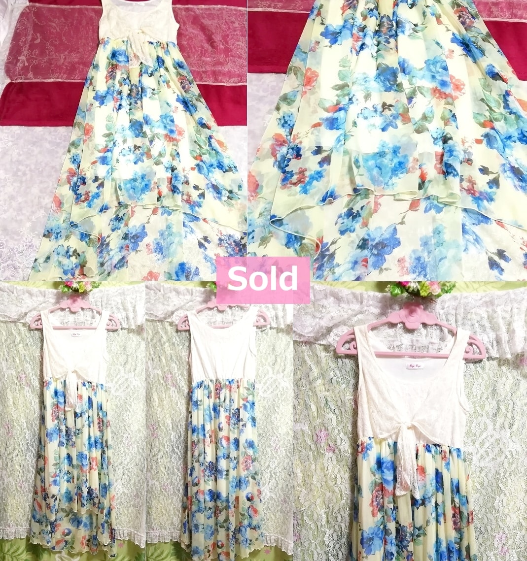青花柄白レースシフォンフレアロングスカートマキシワンピース Blue floral pattern white lace chiffon flare skirt maxi onepiece dress