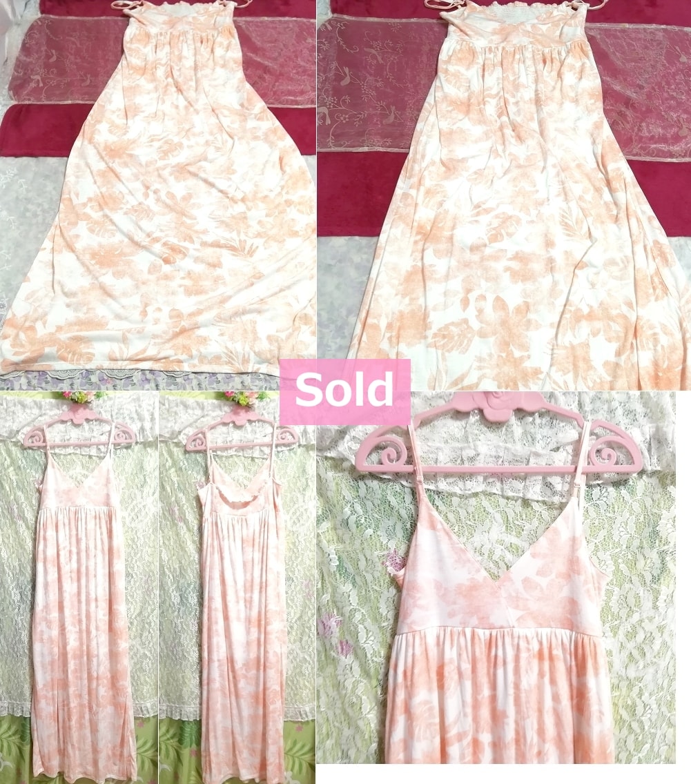 Pale orange floral print camisole maxi one piece, dress & long skirt & M size