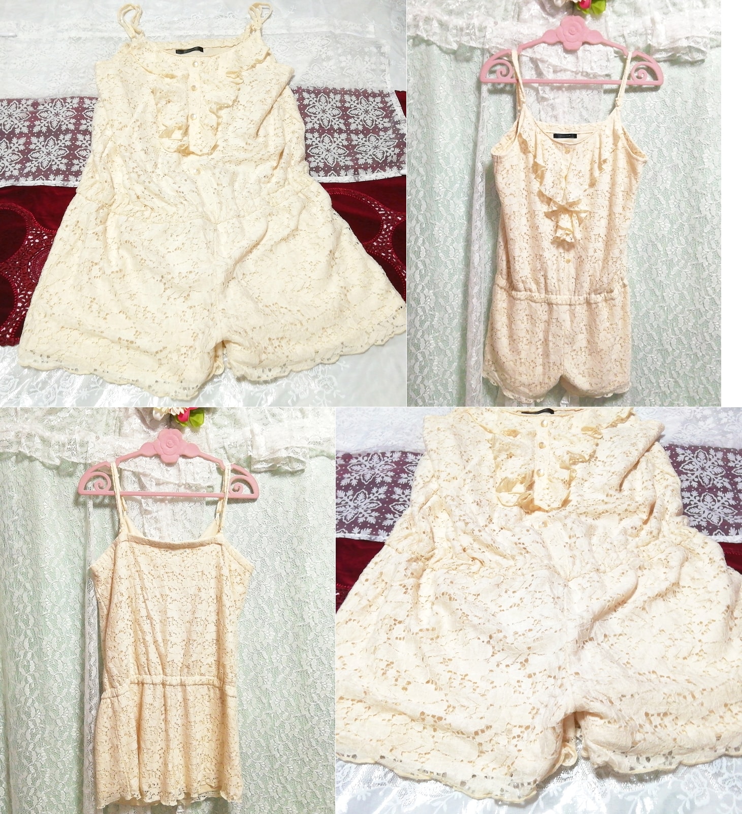 白キャミソールネグリジェキュロットワンピース White negligee camisole culotte pajama dress, ファッション, レディースファッション, サロペット、オーバーオール