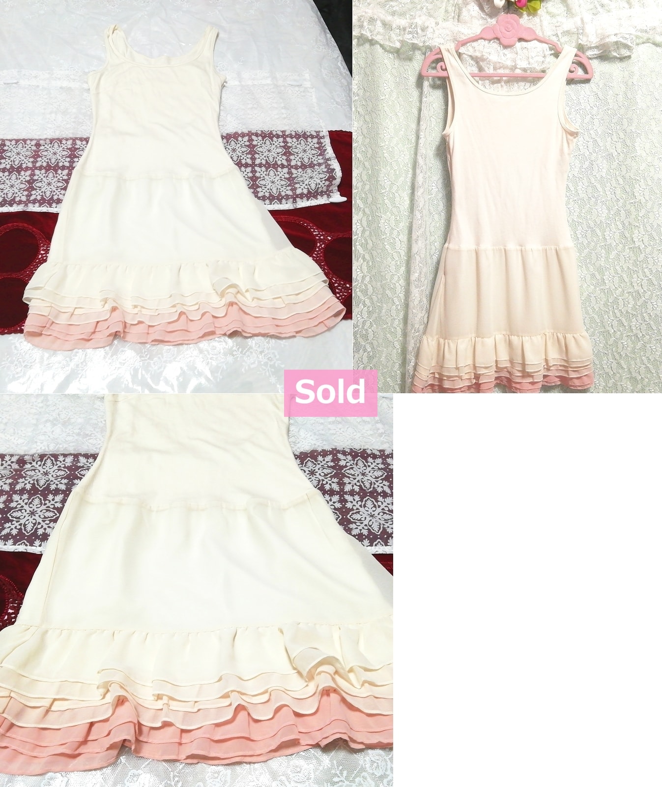 白ピンクネグリジェノースリーブワンピース White pink negligee ruffle sleeveless dress, ワンピース, ひざ丈スカート, Mサイズ