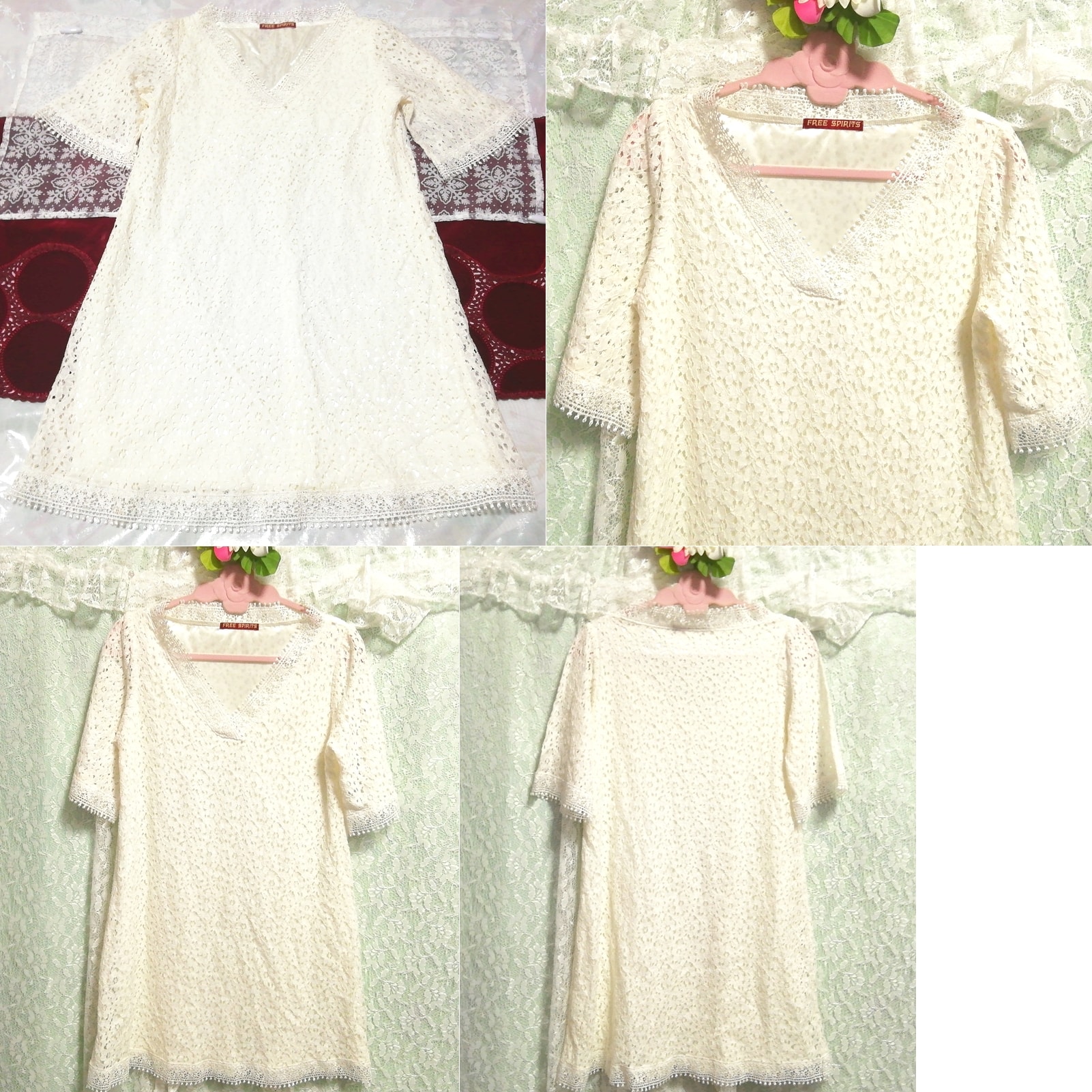 White knitted white v neck lace negligee nightgown nightwear, tunic, short sleeve, m size