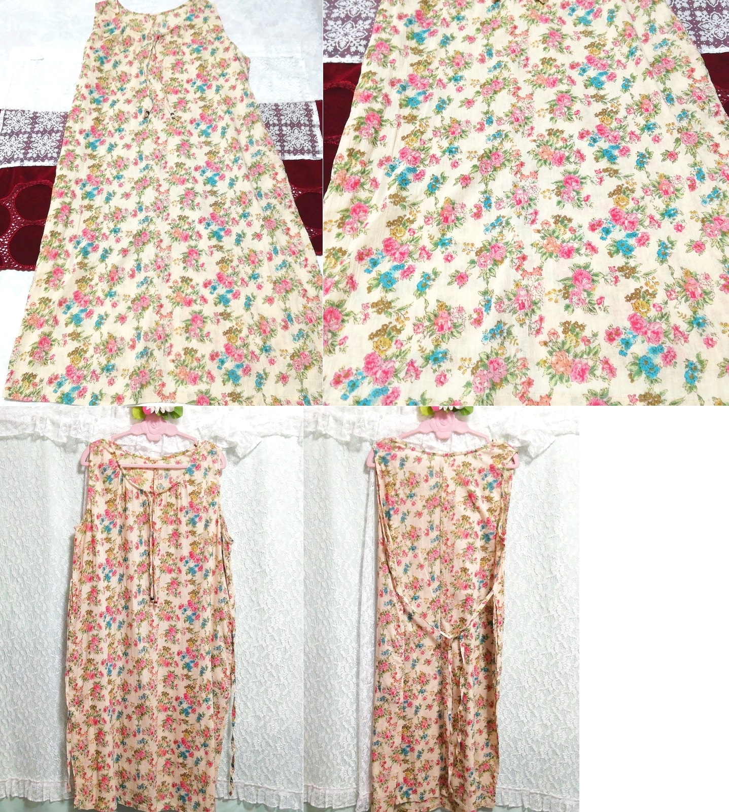 아마 꽃무늬 민소매 코튼 네글리제 나이트가운 나이트웨어 맥시 드레스, 롱 스커트, m 사이즈