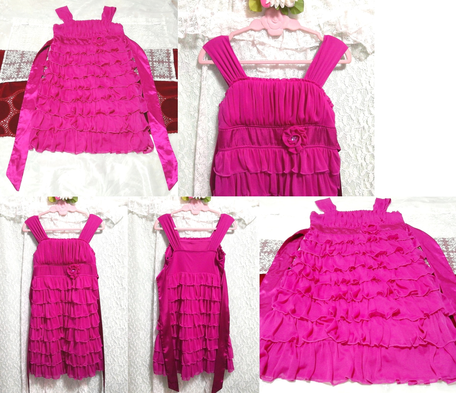 Magenta pink ruffle satin ribbon negligee nightgown sleeveless dress, fashion, ladies' fashion, nightwear, pajamas