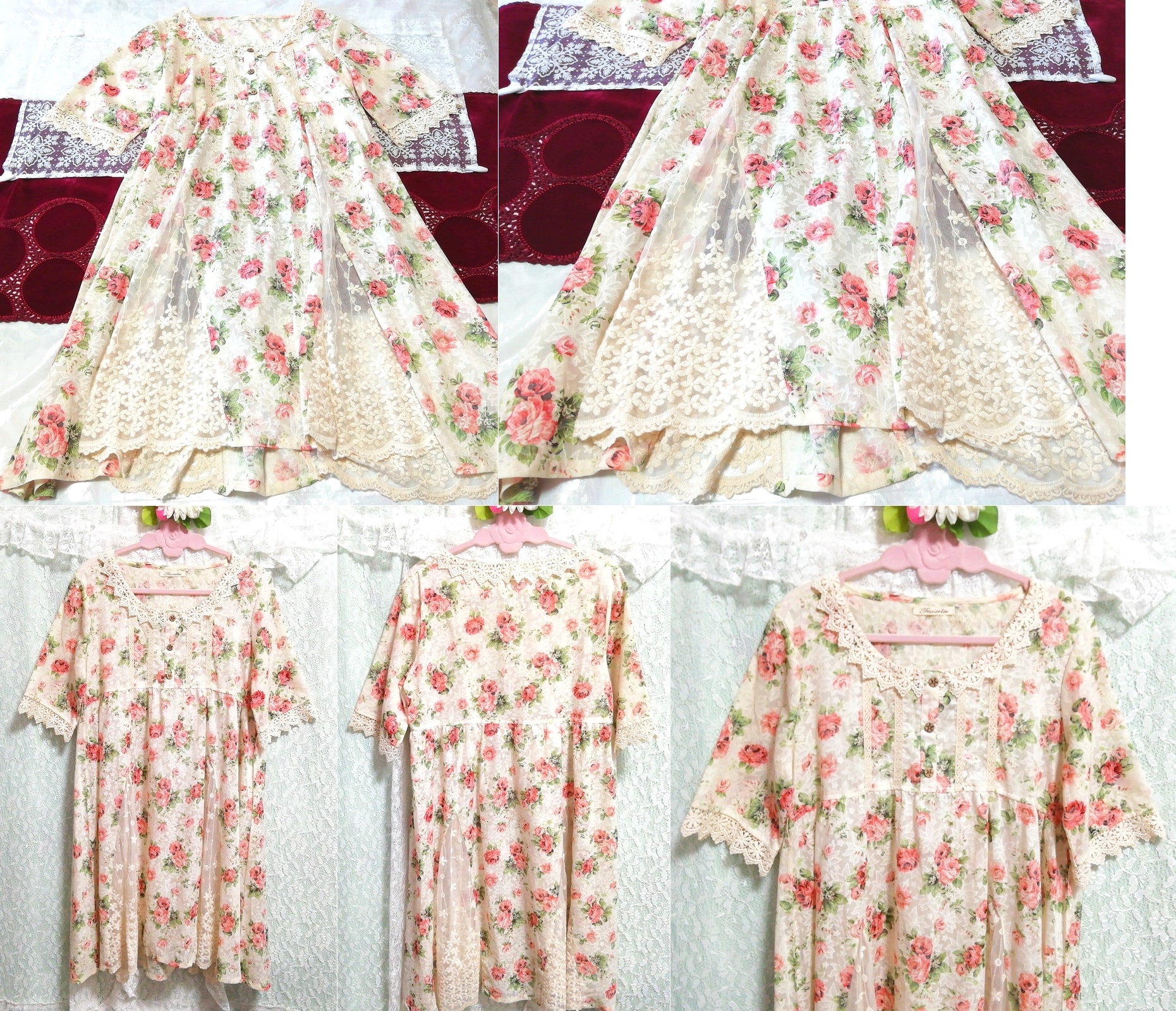 فستان نوم من القطن الكتاني مطبوع عليه زهور من الدانتيل بأكمام قصيرة من التونيك رداء, سترة, كم قصير, حجم م
