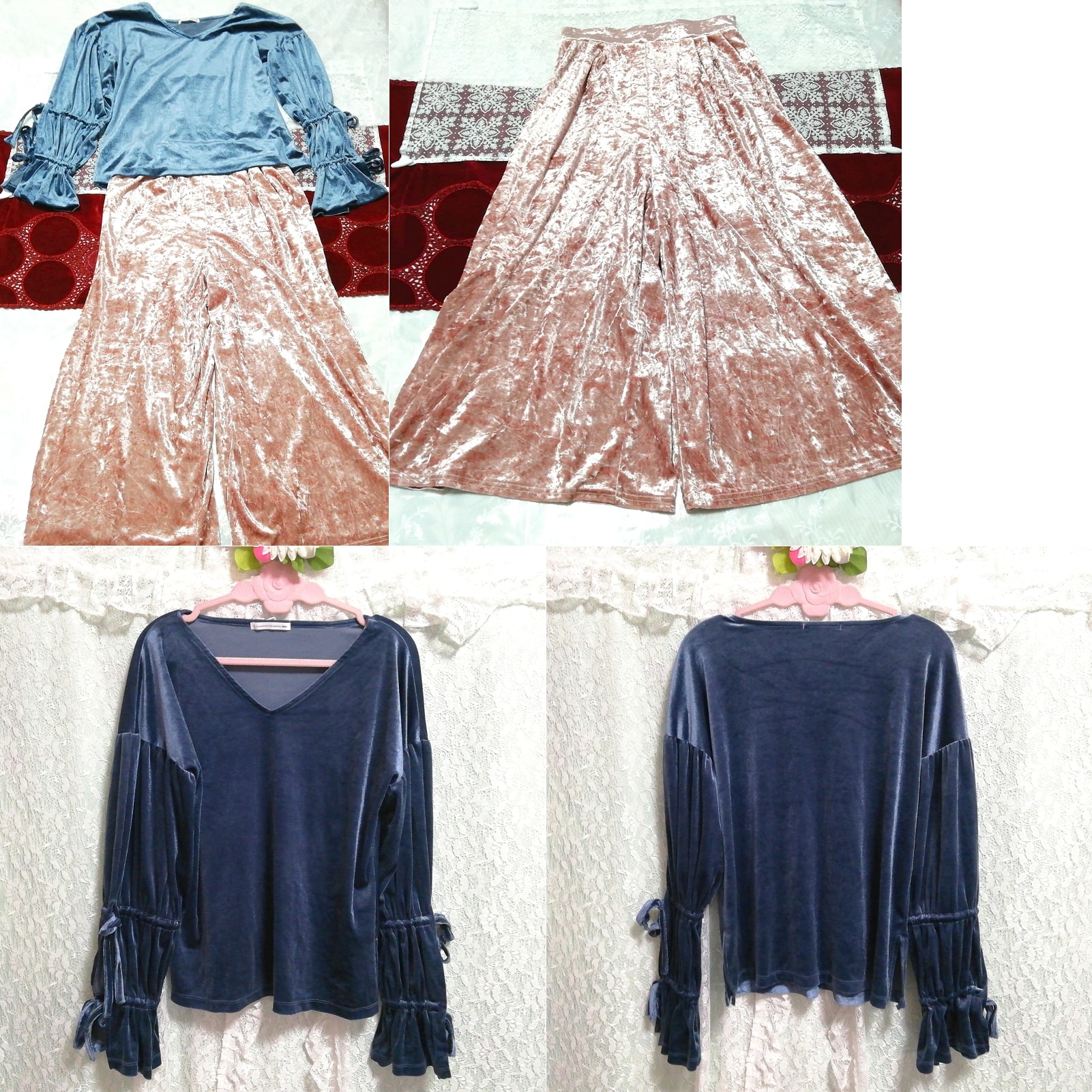 Navy blue velor tunic negligee nightgown pink velor maxi skirt 2P, fashion, ladies' fashion, nightwear, pajamas