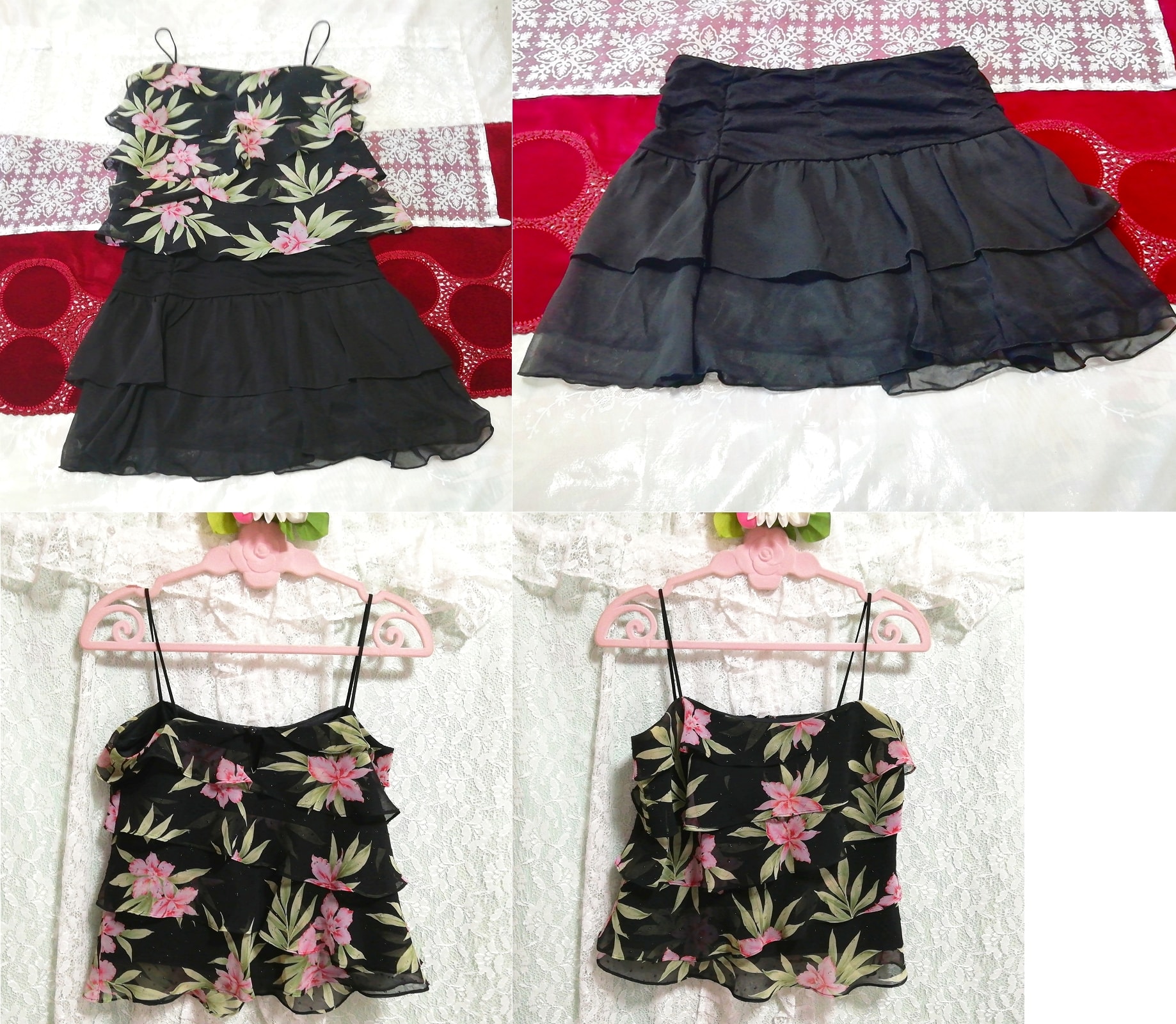 Schwarzes Negligé-Nachthemd aus Chiffon mit Blumenmuster und Rüschen, schwarzer Rüschen-Minirock, 2 Stück, Mode, Frauenmode, Nachtwäsche, Pyjama