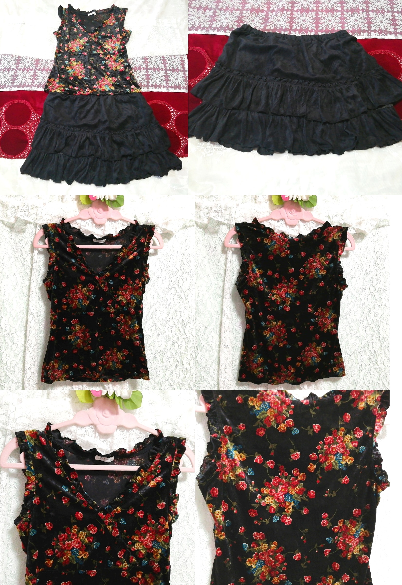 Black velor floral pattern sleeveless tunic negligee nightgown black ruffle miniskirt 2P, fashion, ladies' fashion, nightwear, pajamas