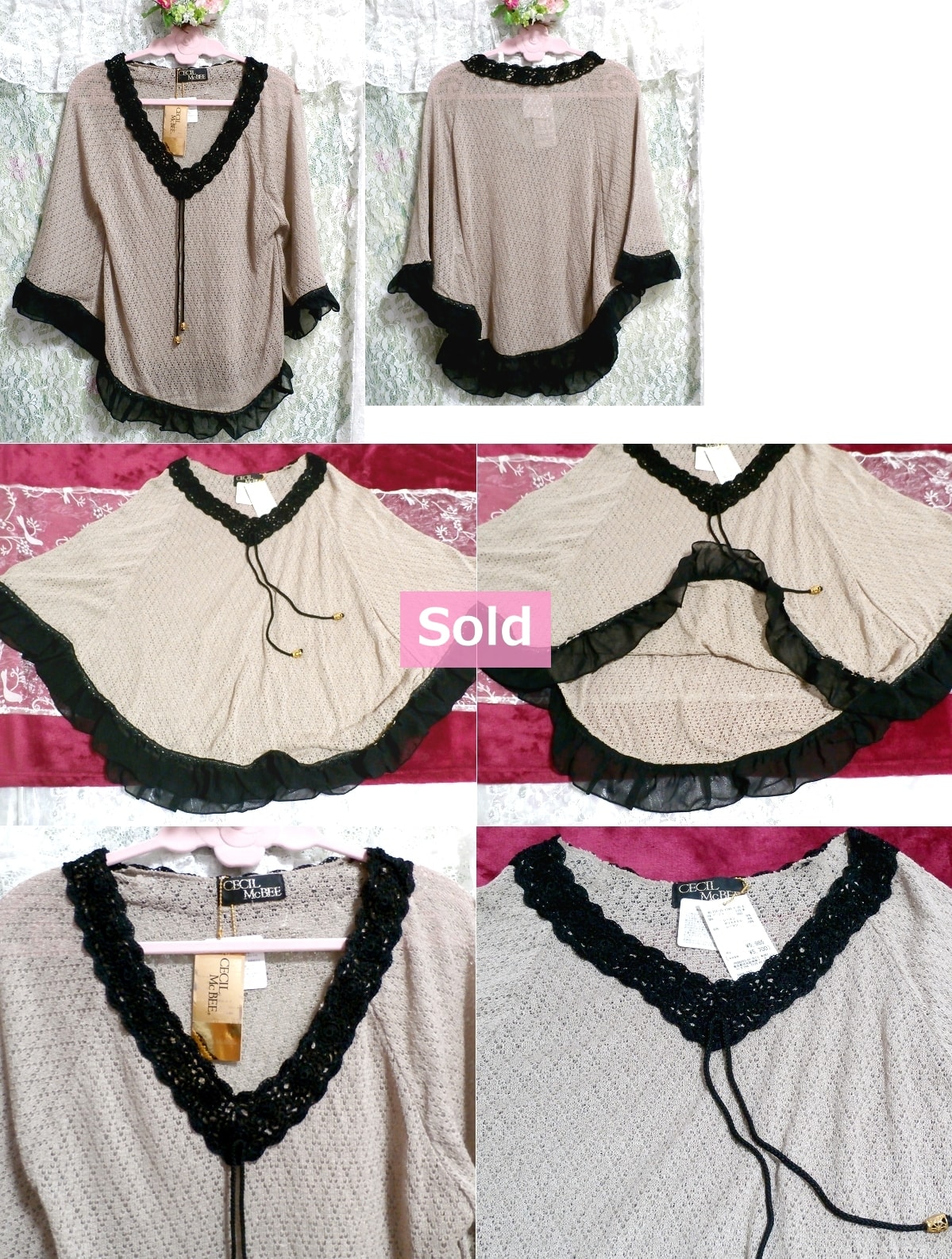 CECIL McBEE Cape poncho en dentelle noire de couleur lin Prix 5, 985 yens étiqueté, Hauts et cardigan pour femmes