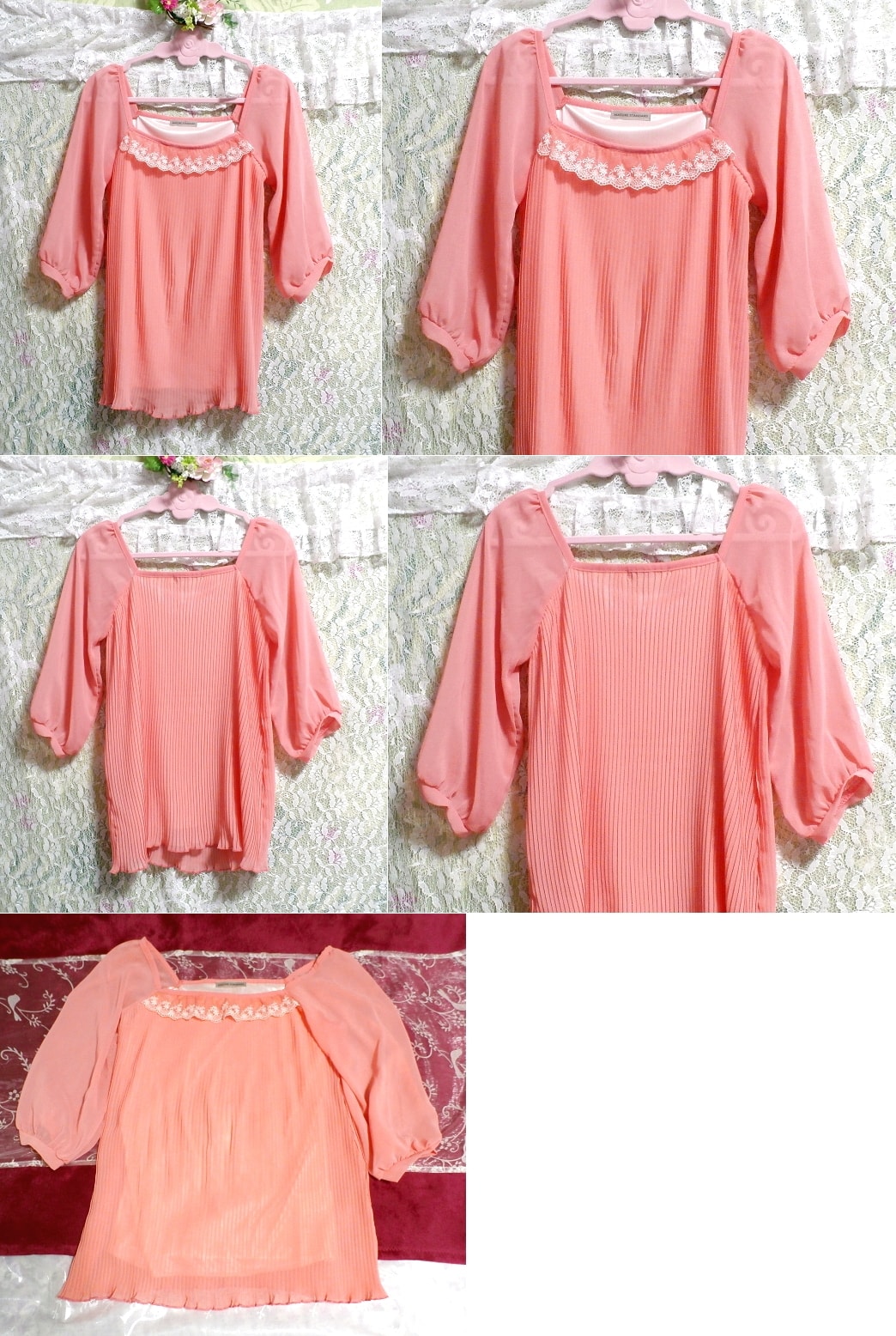 蛍光ピンクシフォンチュニック/トップス Fluorescent pink chiffon tunic/tops, チュニック, 半袖, Mサイズ