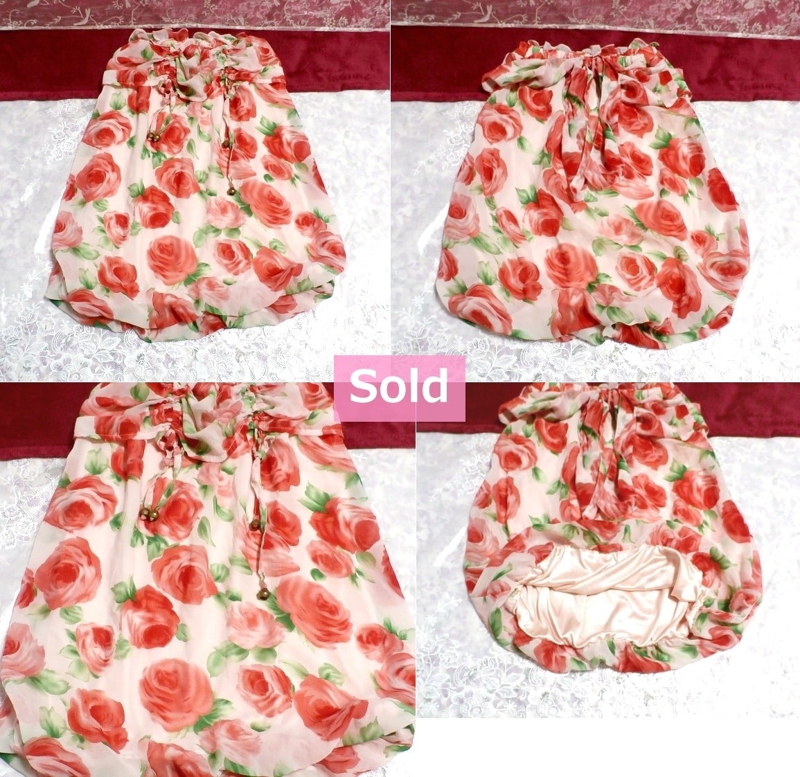 赤レッドバラ花柄ノースリーブシフォンチュニック/トップス Red roses floral pattern sleeveless chiffon tunic/tops