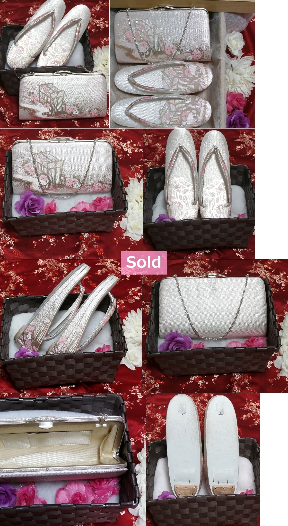 Sandalias de fondo grueso de color rosa cereza zapatos / bolsos / conjunto de 2 piezas de kimono japonés Sandalias de fondo grueso de color cereza rosa zapatos / bolsos / Conjunto de 2 piezas de kimono japonés