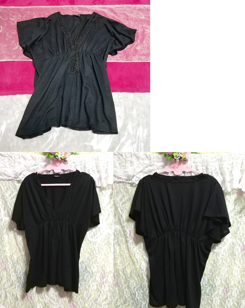 черное платье-туника с кружевным вырезом, туника, короткий рукав, размер м
