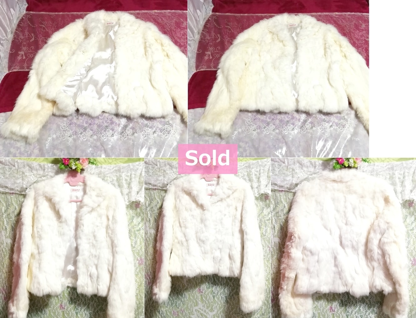 RYOKO KIKUCHI Manto de abrigo corto 100% Piel de conejo blanco Manto de abrigo 100% corto