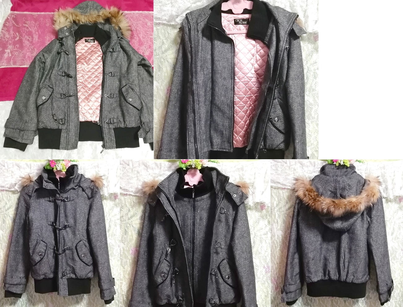 CECIL McBEE セシルマクビー 灰グレーラクーンファーフードコート/外套/アウター Ash gray raccon fur hood coat mantle, セシルマクビー, 女性用, コート