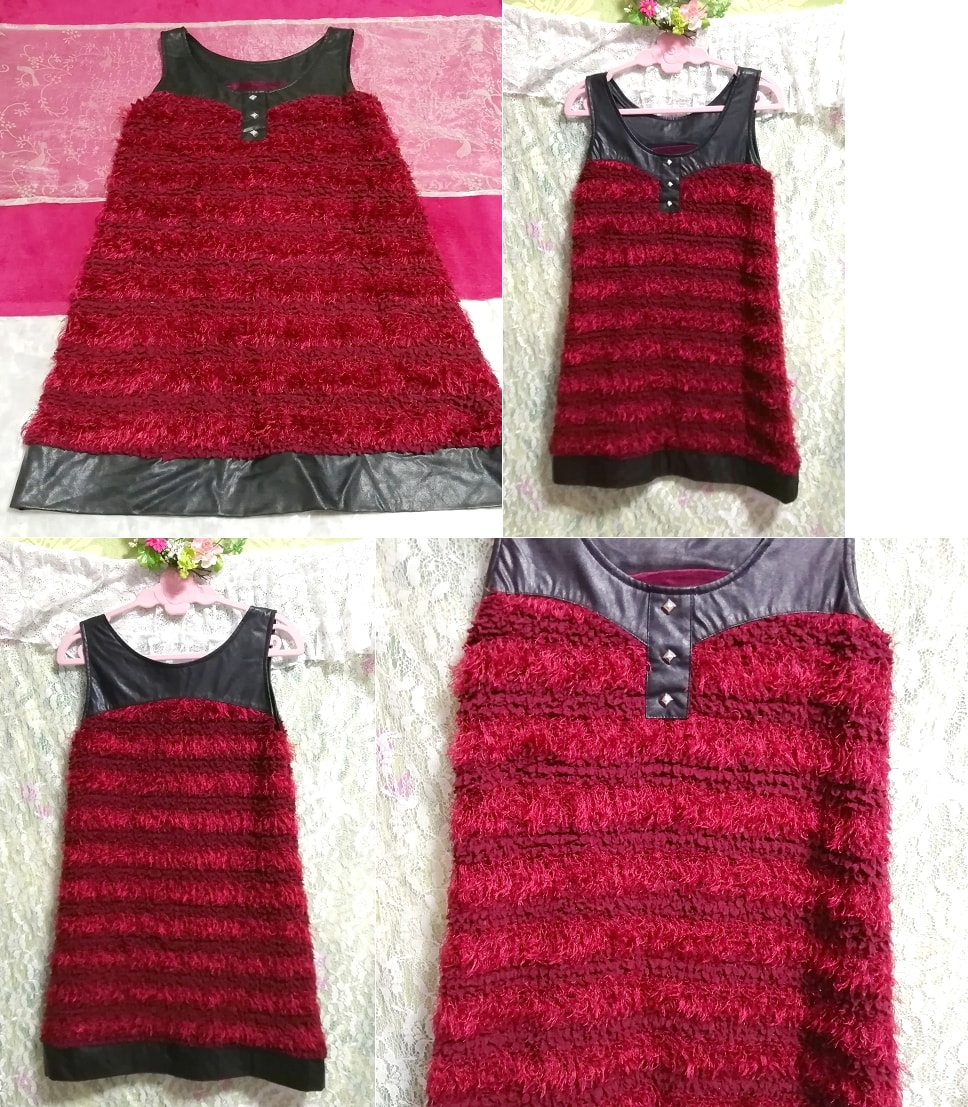 赤ワインレッド黒ネグリジェノースリーブチュニックワンピース Red black negligee sleeveless skirt tunic dress, ワンピース, ひざ丈スカート, Mサイズ