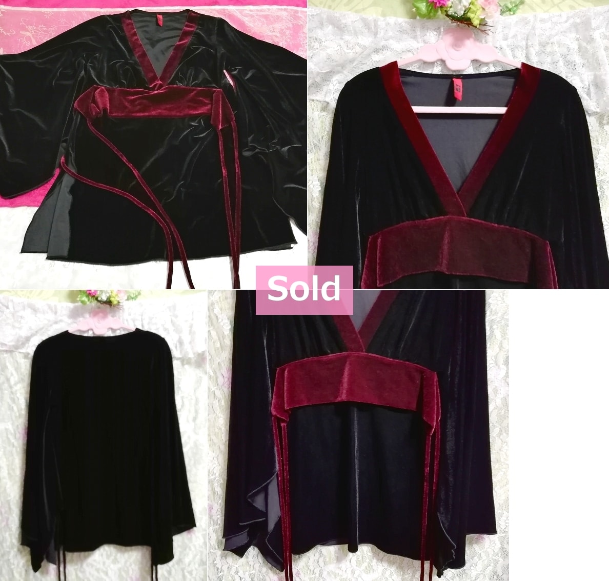 Made in USA USA Langarm-Tunika-Oberteile aus schwarzem Velours-Kimono