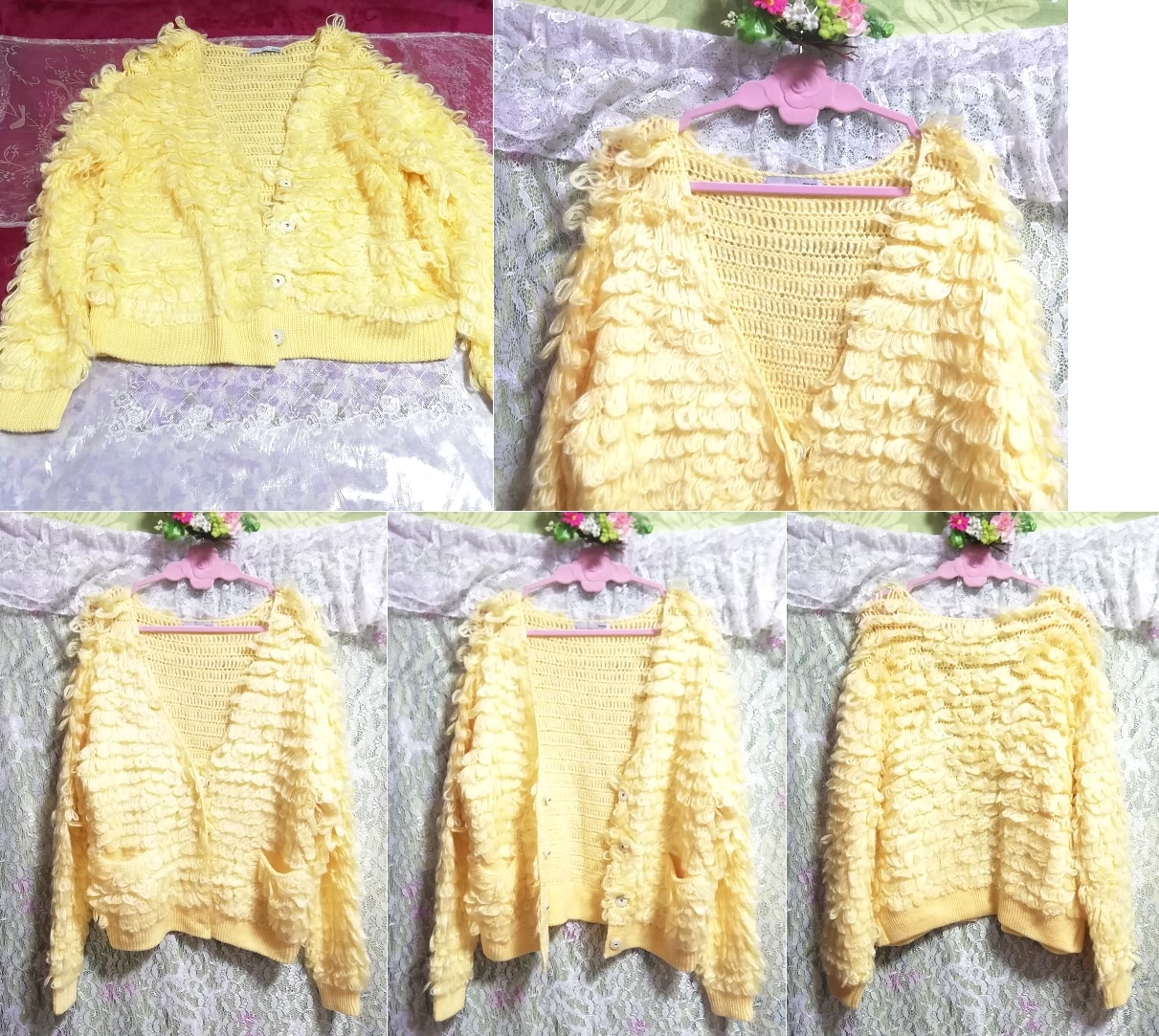 Gelber, flauschiger Haori-Strick-Cardigan mit Rüschen, Frauenmode, Strickjacke, Größe m