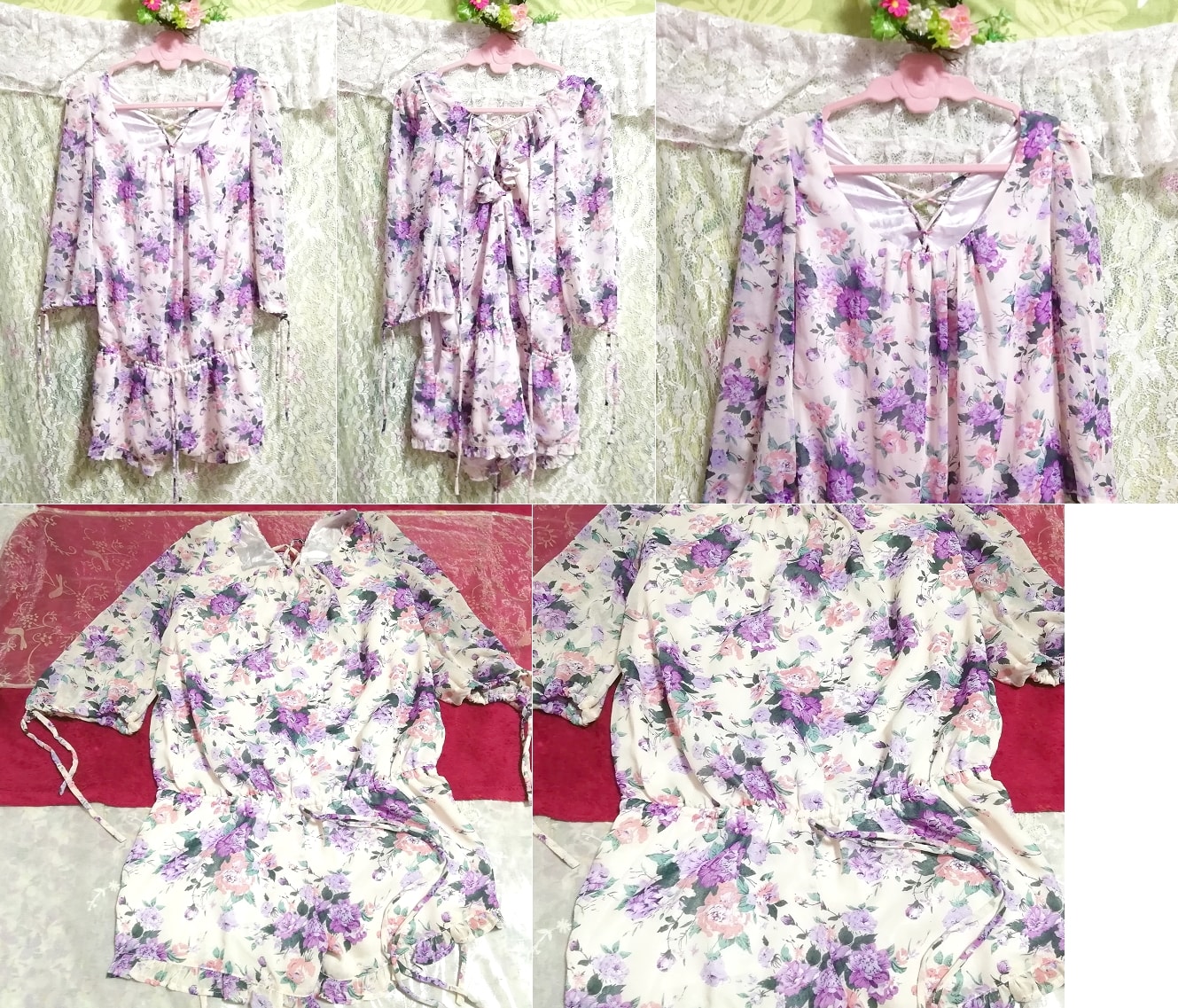 화이트 퍼플 꽃무늬 쉬폰 네글리제 나이트가운 큐로트 드레스, 브랜드별, 타치츠, 눈부신