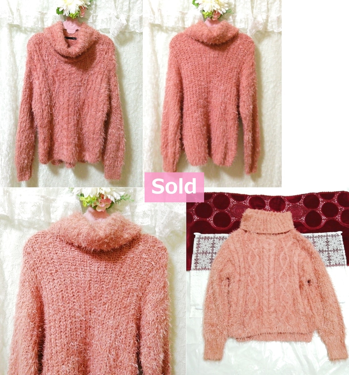 Red pink turtleneck fluffy knit sweater, knit, sweater, long sleeve, m size