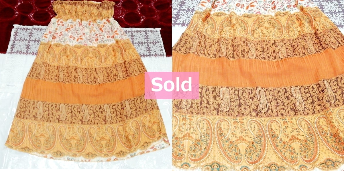 indio Orange ethnic pattern 100% cotton chiffon maxi long skirt, long skirt & flared skirt, gathered skirt & M size