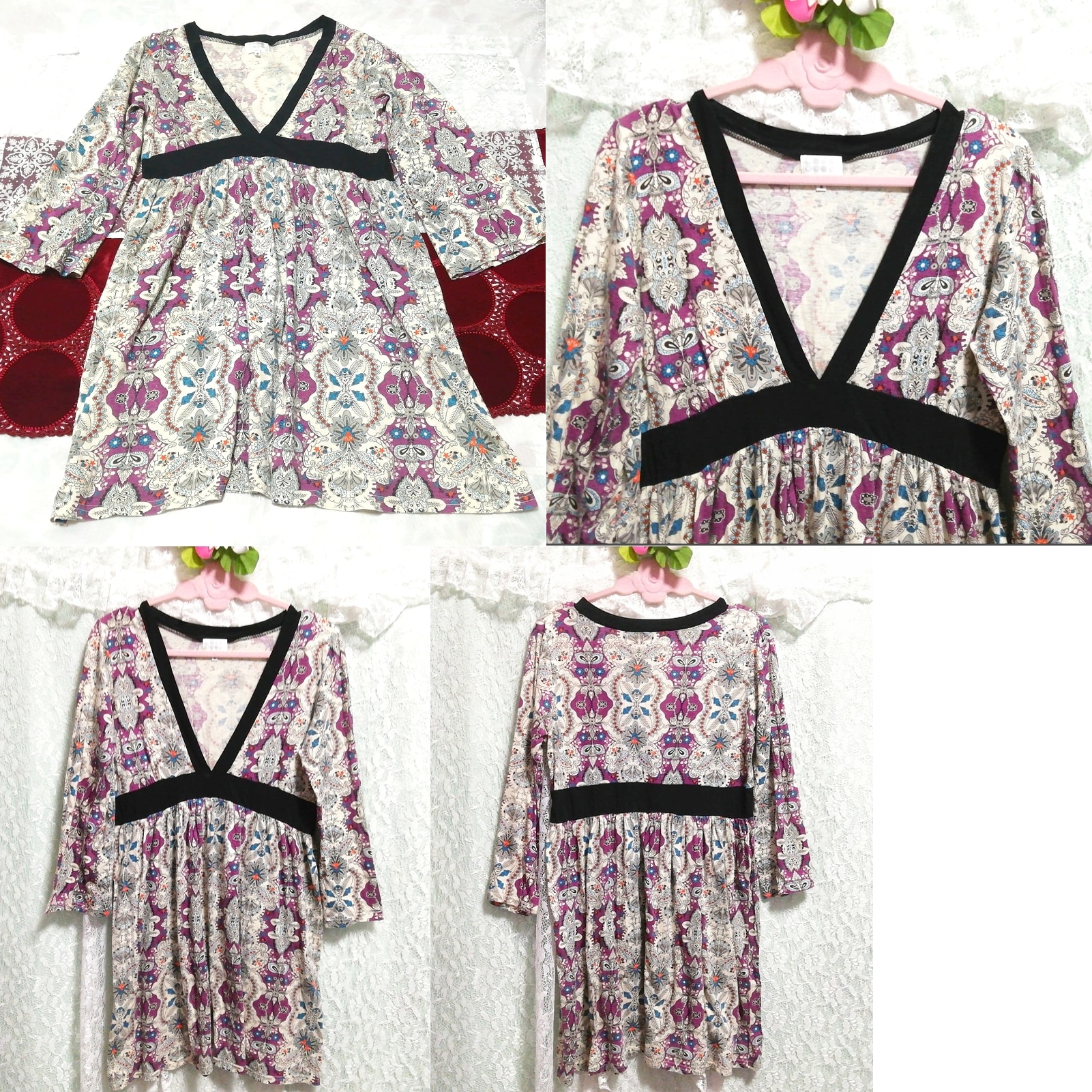 Black v-neck purple white blue geometric pattern tunic negligee nightgown, tunic, long sleeve, m size